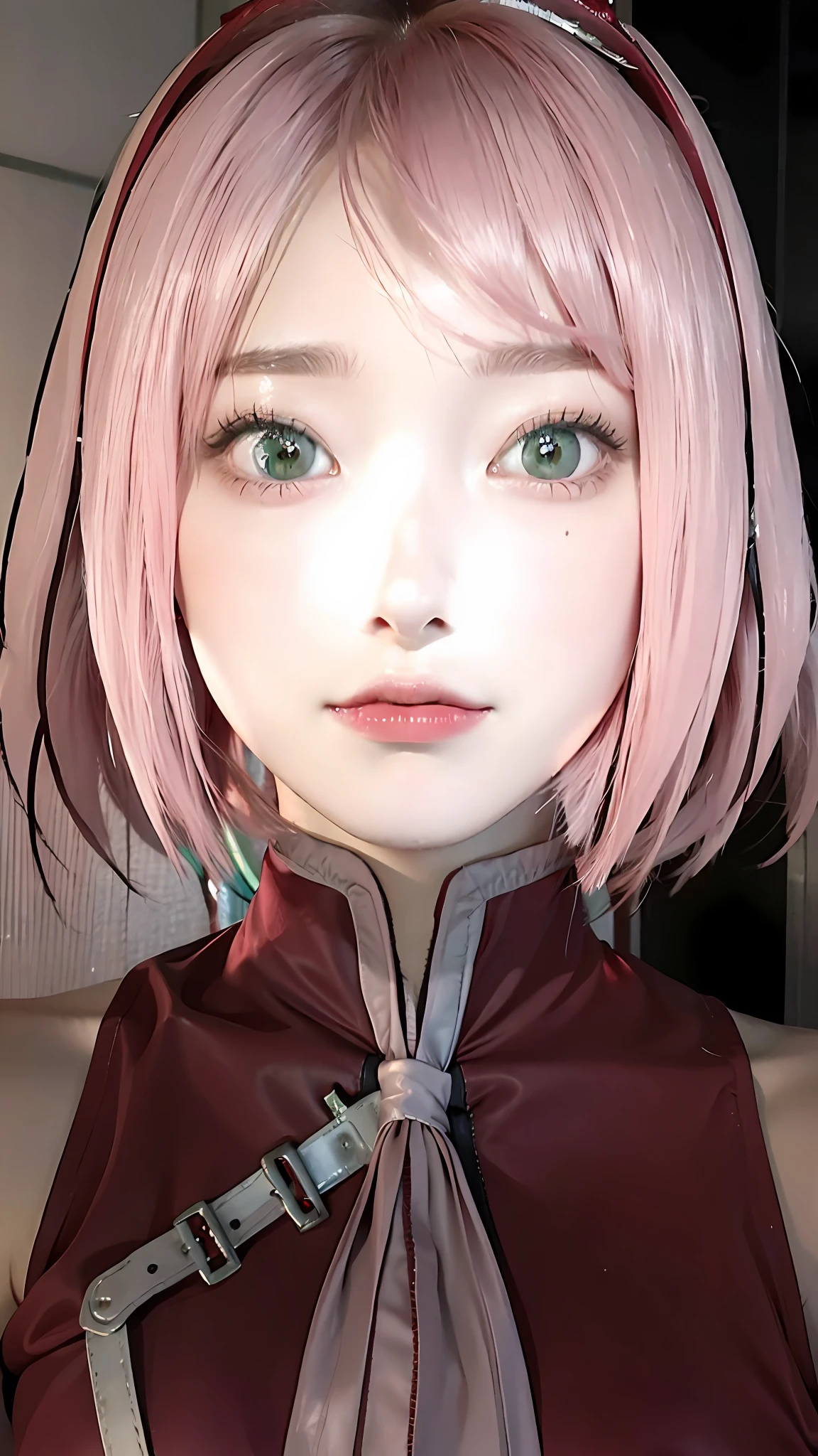 1girl, haruno sakura, pink hair, green eyes, short hair, red clothes, big breasts, realistic, ultra detail, indoor background