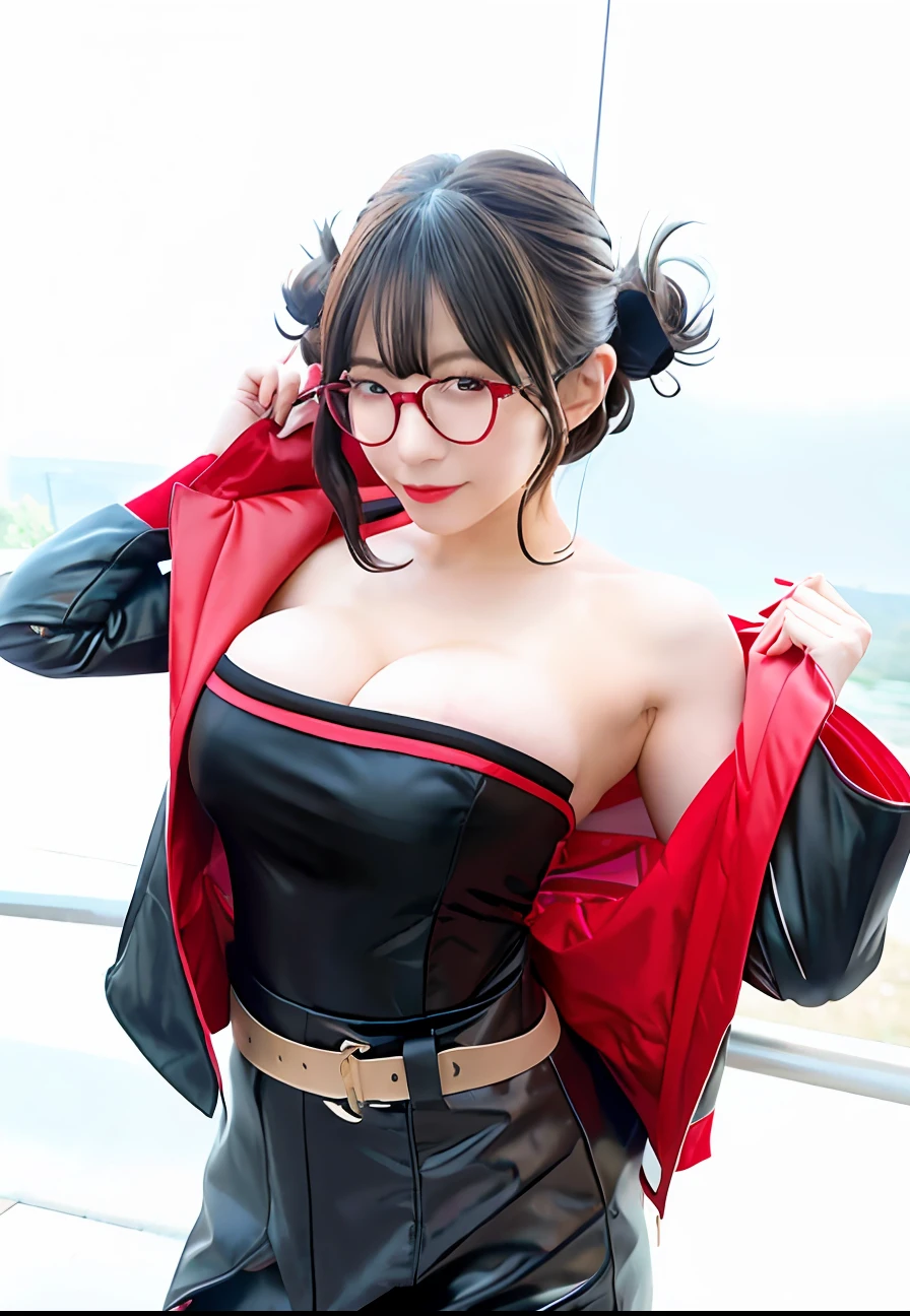 woman in black and red jacket and glasses posing for a picture, anime girl cosplay, ryuko matoi, 2b, 2 b, cosplay, anime cosplay, range murata and artgerm, full-cosplay, seductive tifa lockhart portrait, professional cosplay, v from devil may cry as an elf, rin tohsaka, makoto kano, rin With a rural background in Japan , and the big breasts are so big and the big breasts are so charming