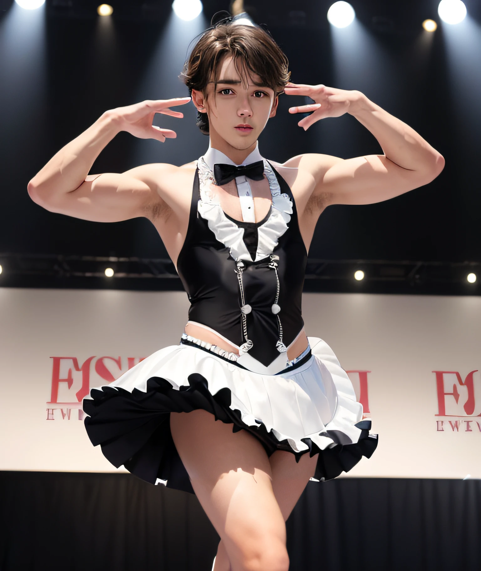 Alaf dressed in maid costume on a lighted stage, cosplay of a catboy! maid! Dress, Magnificent non-binary model, Rin, makoto shinka, takumi fujiwara, Fubuki, naoki ikushima, Makoto Kobayashi, けもの, captured on canon eos r 6, Makoto