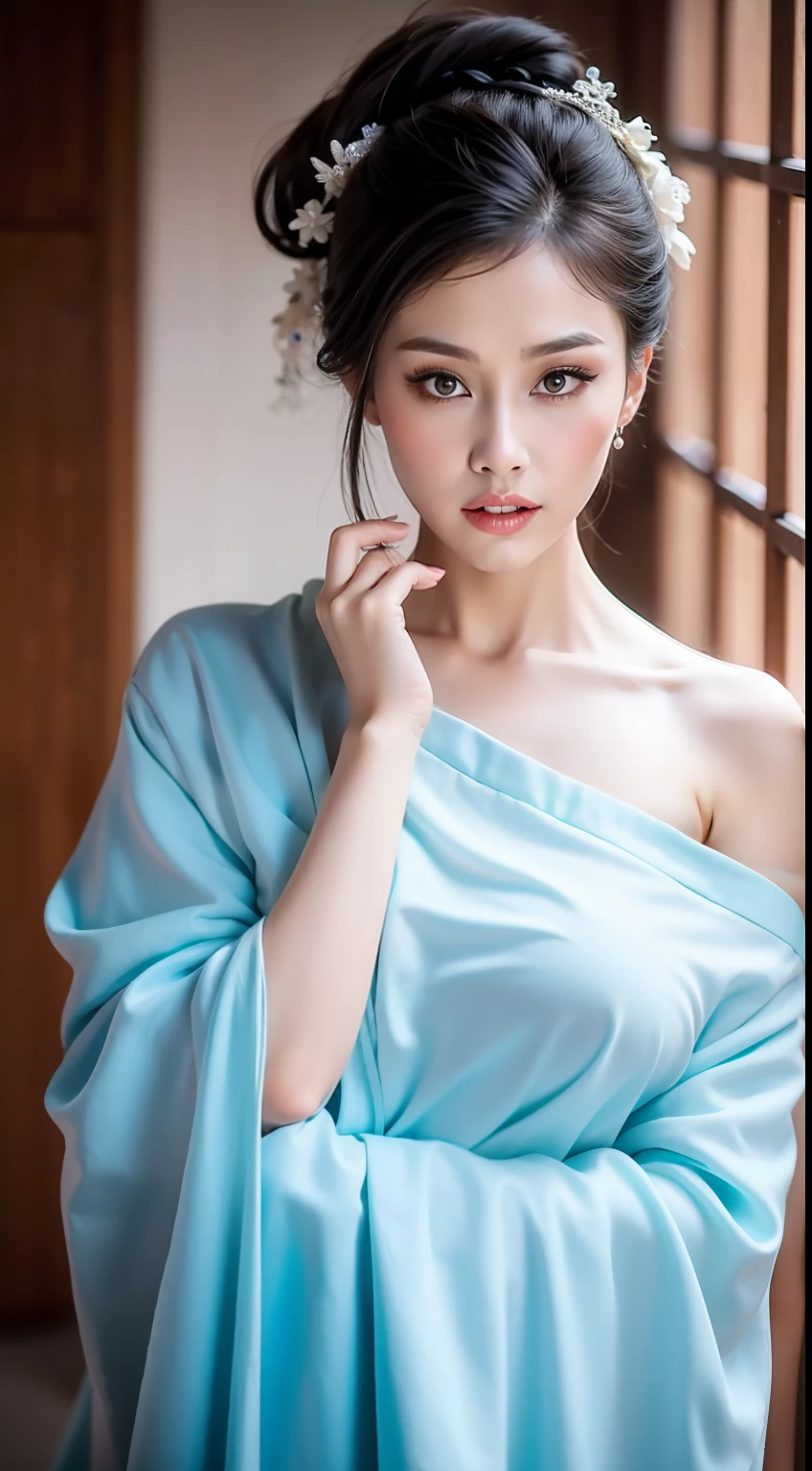 Fashion model 20 years old [[[[closeup cleavage]]]], [[[[boobgasm]]]], [[[[coll]]]], [[[[bshoulders]]]], perfect  eyes, Perfect iris，Perfect lips，perfect teeth，Perfect skin，Long face，slender nose，tall nose bridge，Soft front light，hdr，Movie girl，Simple hairstyle，light make-up，Casual，（pastel colour：1.2）