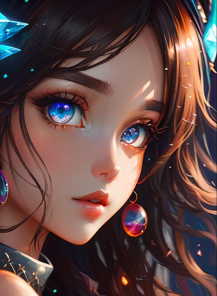 ((top-quality)), ((​masterpiece)), ((realisitic)), (detaileds),animesque、anime styled、 (1人の女性）Earrings only accessories、Close up portrait of woman with amber hair、Very beautiful glowing eyes, Like crystal clear glass、Tank Tops、Summer clothes、4K high-definition digital art、stunning digital illustration、Stunning 8K artwork、colorfull digital fantasy art、Colorful and bright、beautiful digital works of art、Colorful Digital Anime Art、Portrait of beautiful woman、8K HD Digital Wallpaper Art、 Gorgeous Digital Painting