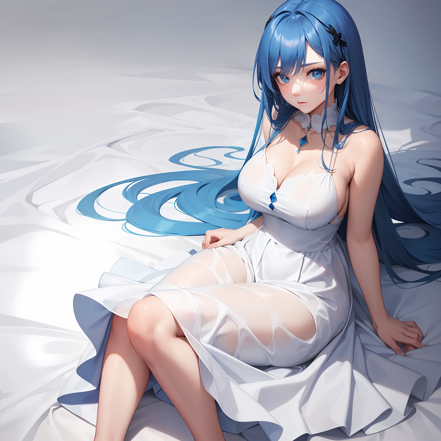 a women, blue hair, blue eyes, white dress