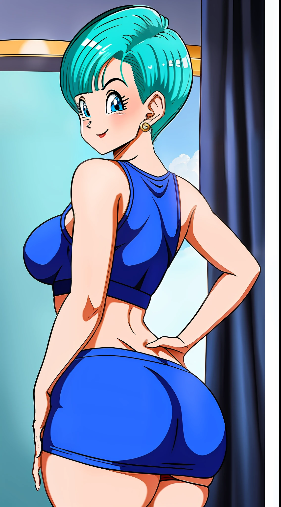 Bulma de calcinha exibindo sua bunda agachada, bunda detalhada, calcinha branca detalhada, olhos detalhados, cabelo detalhado