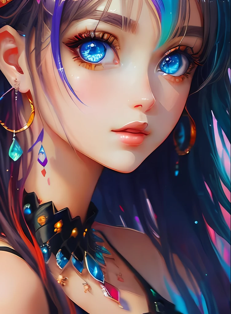 ((top-quality)), ((masterpiece)), ((realisitic)), (detaileds),animesque、anime styled、 (1人の女性)Earrings only accessories、Close up portrait of woman with amber hair、Very beautiful glowing eyes, Like crystal clear glass、Tank Tops、Summer clothes、4K high-definition digital art、stunning digital illustration、Stunning 8K artwork、colorfull digital fantasy art、Colorful and bright、beautiful digital works of art、Colorful Digital Anime Art、Portrait of beautiful woman、8K HD Digital Wallpaper Art、 Gorgeous Digital Painting