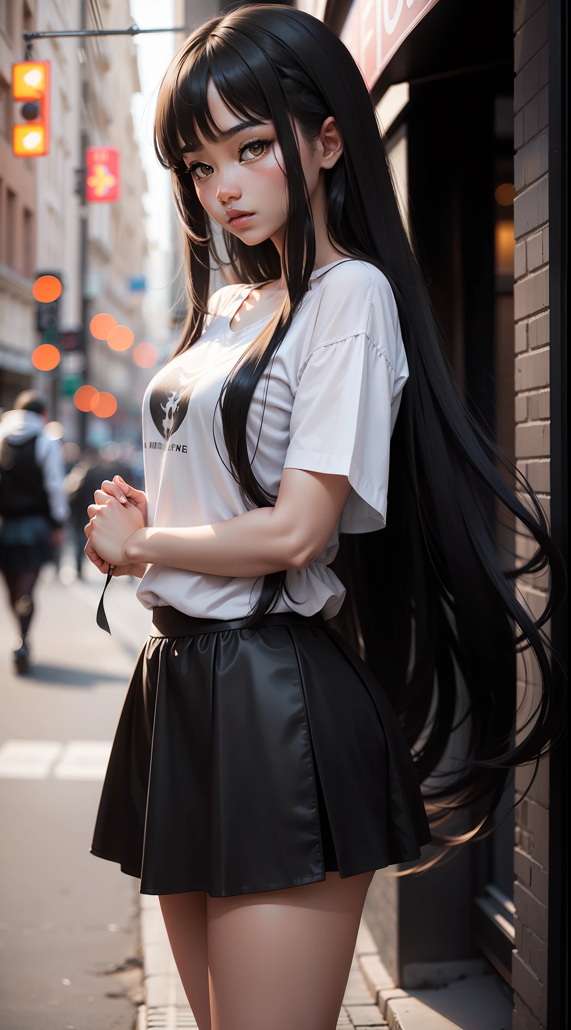 Black long hair girl,Cool and lovely ,Wear a short skirt,Real Photographics,Real lighting,