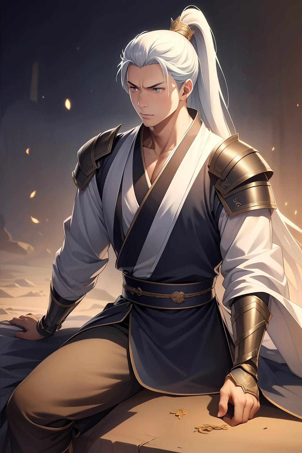 quadratic element,style of anime,mtu(Male Warrior),sit astride,The proportions are correct,Face details,swordsmen,High ponytail hairstyle,Neck details,There is an Adam's apple,White Hanfu,kaftan,clothes details,Handing over,longer sleeves,Game quality,Swordsmanship,Light and shadow tracking,Ray traching,detailed glow,cg render,hair detail,long white hair,blue colored eyes,Handsome,Handsome,(juvenile sense),Clothing is complicated,Perfectcomposition,Refinement,high qulity,higher details,Lots of details,The background is complex,a sense of atmosphere,
