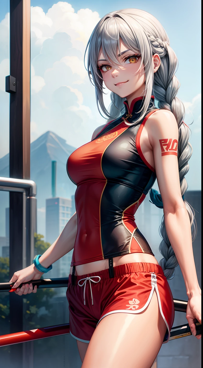 Adult woman, Gray hair in a long braid, golden eyes, sporty figure, Chinese turquoise top, Red Shorts, Tonfa, Tatoo, smirk, Masterpiece, hiquality