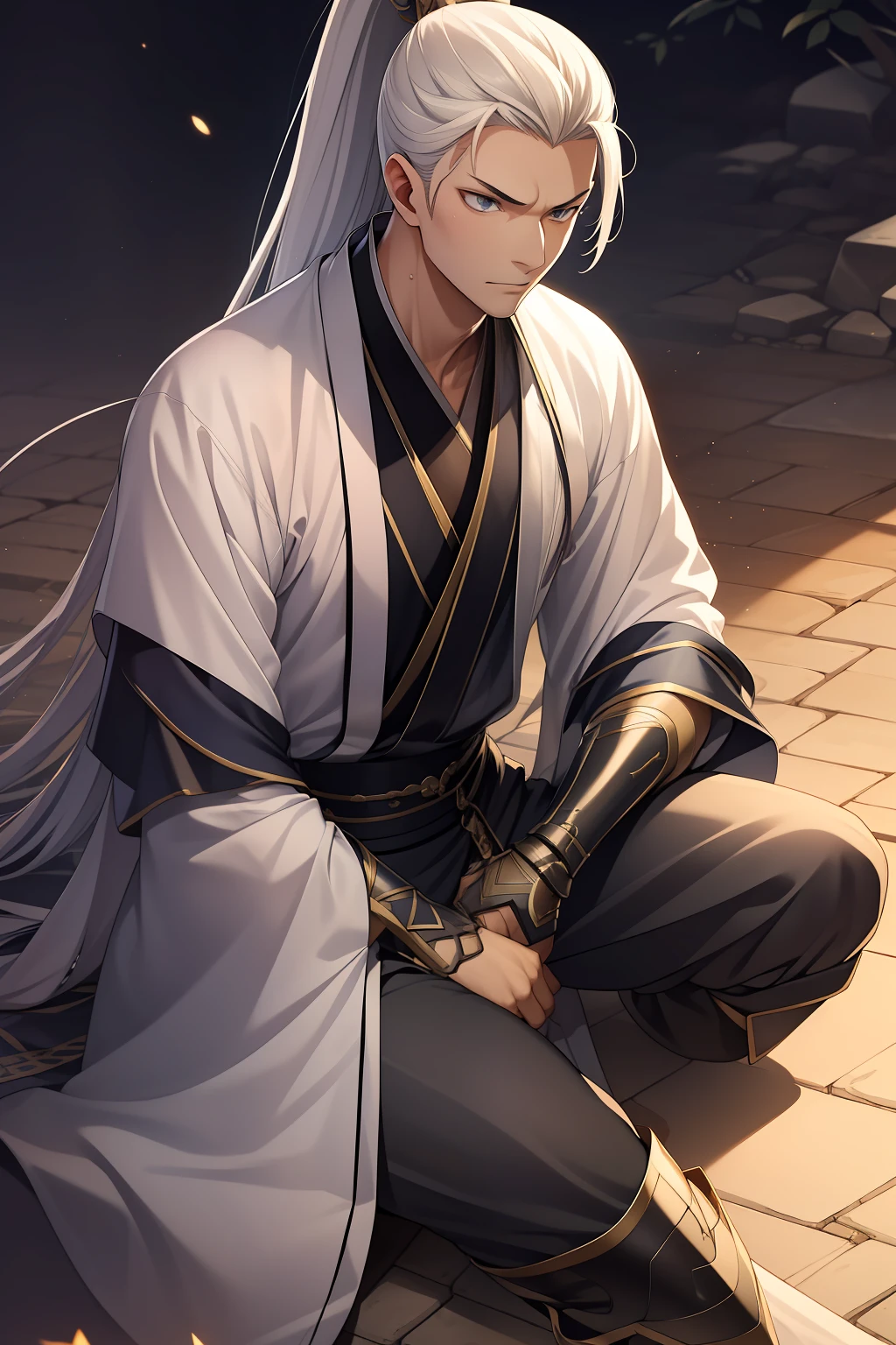 quadratic element,style of anime,mtu(Male Warrior),sit astride,The proportions are correct,Face details,swordsmen,High ponytail hairstyle,Neck details,There is an Adam's apple,White Hanfu,kaftan,clothes details,Handing over,longer sleeves,Game quality,Swordsmanship,Light and shadow tracking,Ray traching,detailed glow,cg render,hair detail,long white hair,blue colored eyes,Handsome,Handsome,(juvenile sense),Clothing is complicated,Perfectcomposition,Refinement,high qulity,higher details,Lots of details,The background is complex,a sense of atmosphere,