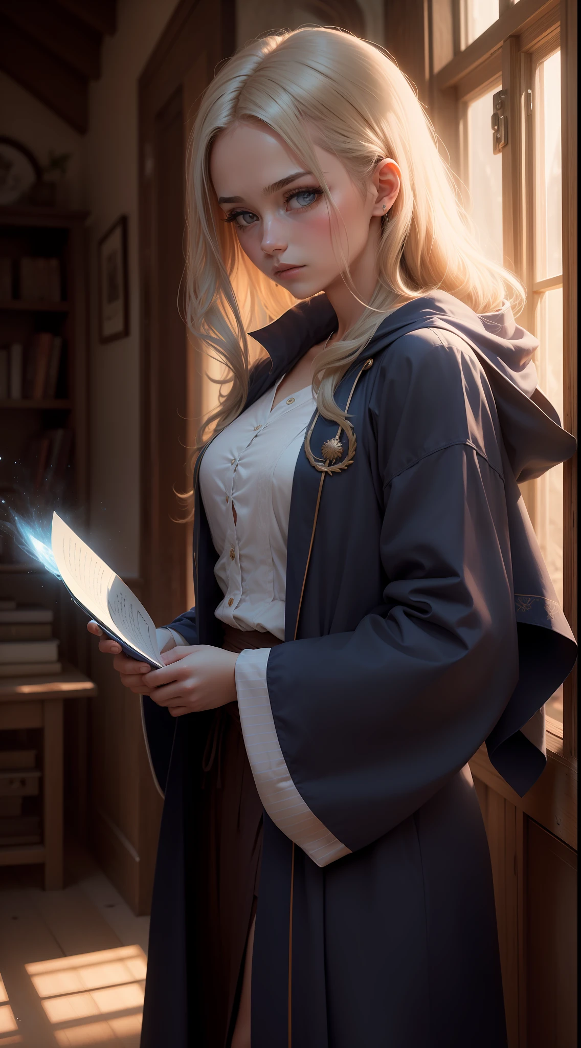 1 girl, Maga loira, cabelo longo, (((cabelo loiro))), blue robe, capa azul, Closed tunic, sun illumination, 30 anos, gloomy setting, feiticeira, mago, Sparks, magia