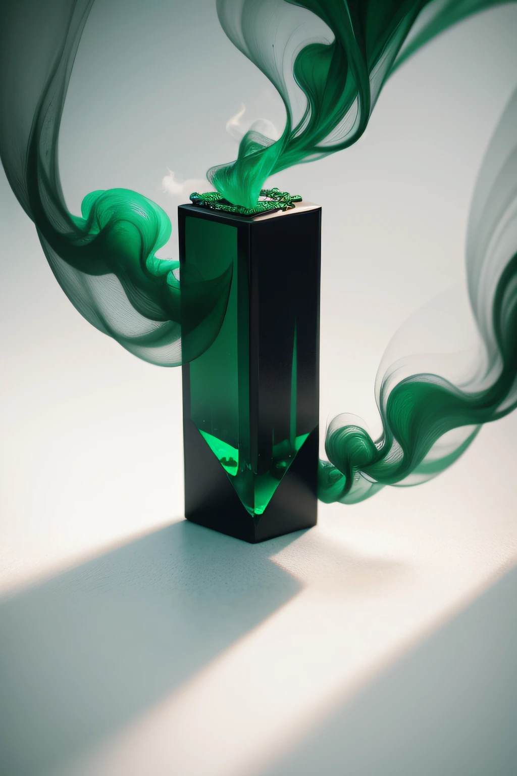 Emerald smoke and emerald cigarettes on white background
