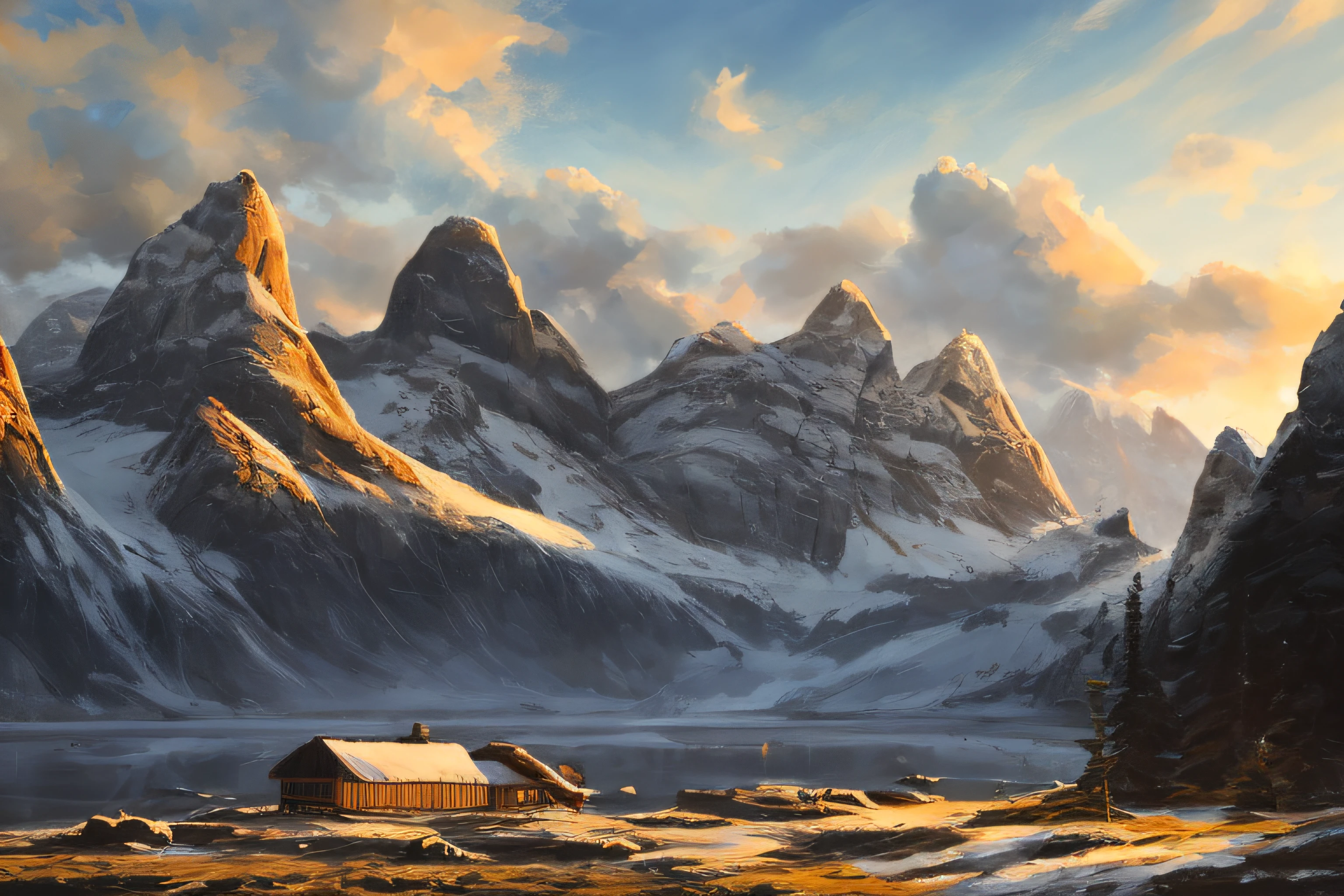 samdoesarts style. physical palette knife painting, thick Oil paint, stunning landscape, vast scale, soft colors, muted contrast, extremely detailed and intricate.
Swedish sauna in remote mountains sunrise. God rays, sharp focus