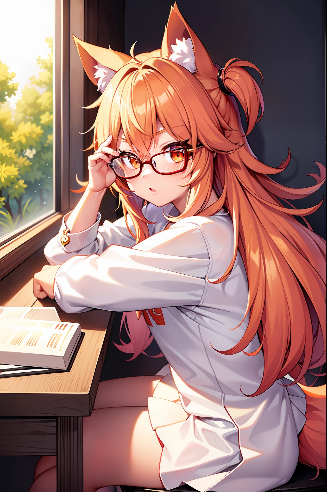 tmasterpiece，best qualtiy），fox ear，Pink short-sleeved T-shirt，White pleated skirt，Medium long orange hair，Anime moe art style，Wear glasses，Orange eyes，adolable，Push glasses with your index finger，One tail，Fluffy tail，White tail tip，Poor chest，Cute anime girl， Anime moe art style，Sit at the table by the window，Look out the window and meditate