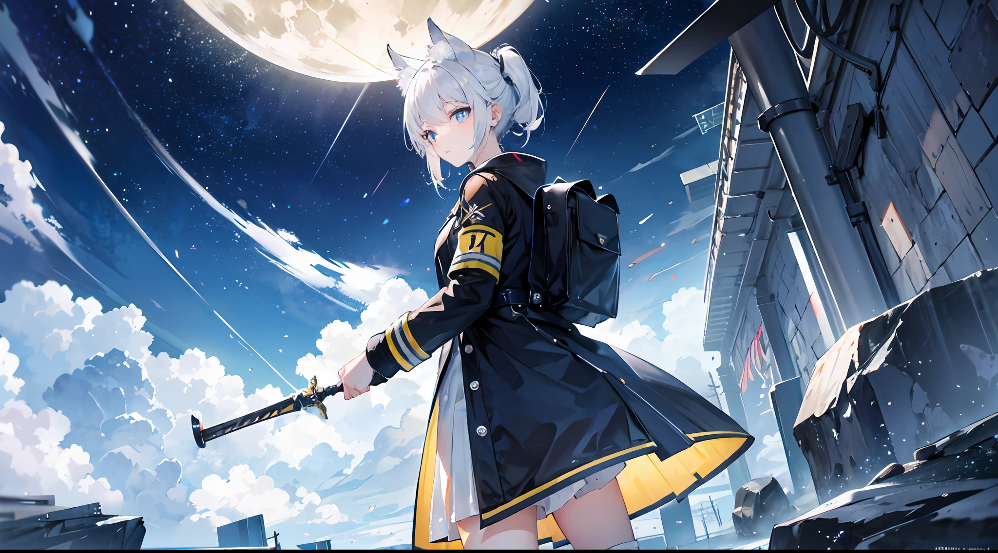 ((high qulity)), ((tmasterpiece)), 8K, Kizi, bulletproof vest, llight rays, Extremely detailed CG unifies 8K, 8K, Diamond, and wallpaper, GameCG, looking at viewert, mitts, Boots, full bodyesbian, Wrist watch, Computer,Masks,UAVs,handheldweapons,Earphone,jaket,Bao,backpacks,Ark of tomorrow style,Black and white blend trench coat,围巾,with short white hair,Issuing,The sword,yellow armband,Yellow band,Black strap,blue stripe,red color eyes,The sword,Firearms,Straighten your hair with both hands,Detailed hands,detailed back ground,detailed face with,A masterpiece of the Rhode Island Bridge,(best qualtiy:1.2),(super-fine:1.2),illustratio,(Extremely refined and beautiful:1.2),Movie Angle,floatking,(beatiful detailed eyes:1.1),(Detail light:1.1),电影灯光,Exquisite sky,woman,whaite hair,eBlue eyes,(high ponytails:1.1),cloaks,glowing light eyes,(themoon:1.2),(rays of moonlight:1.1),starrysky,(Light particles:1.1),Mist,Snow painting,full bloom,废墟,little bit of raining,,Earphone,White cat ears,Rained,Rain drops,Black hairpin,yellow armband,Blue sea,White tights,white stockings,城市,karo