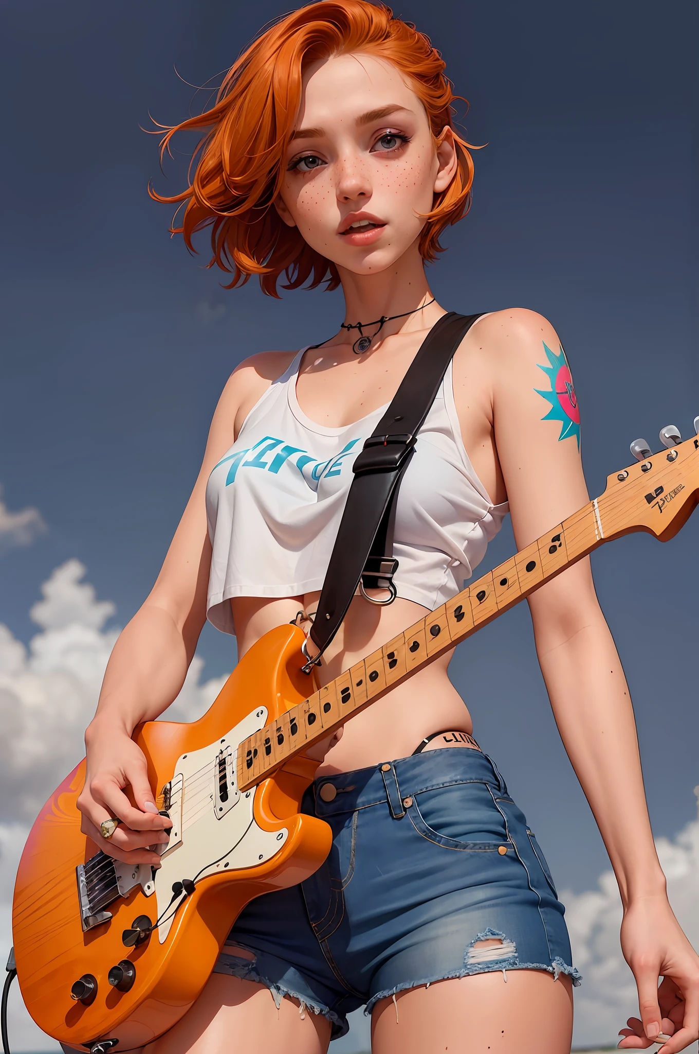 a gorgeous girl with JEANS , assymetrical ginger hair , holding an electric guitar, , body sun tattoos , freckles , ripoped denim JEANS, white Tshirt , solo UHD BEST FINGERS