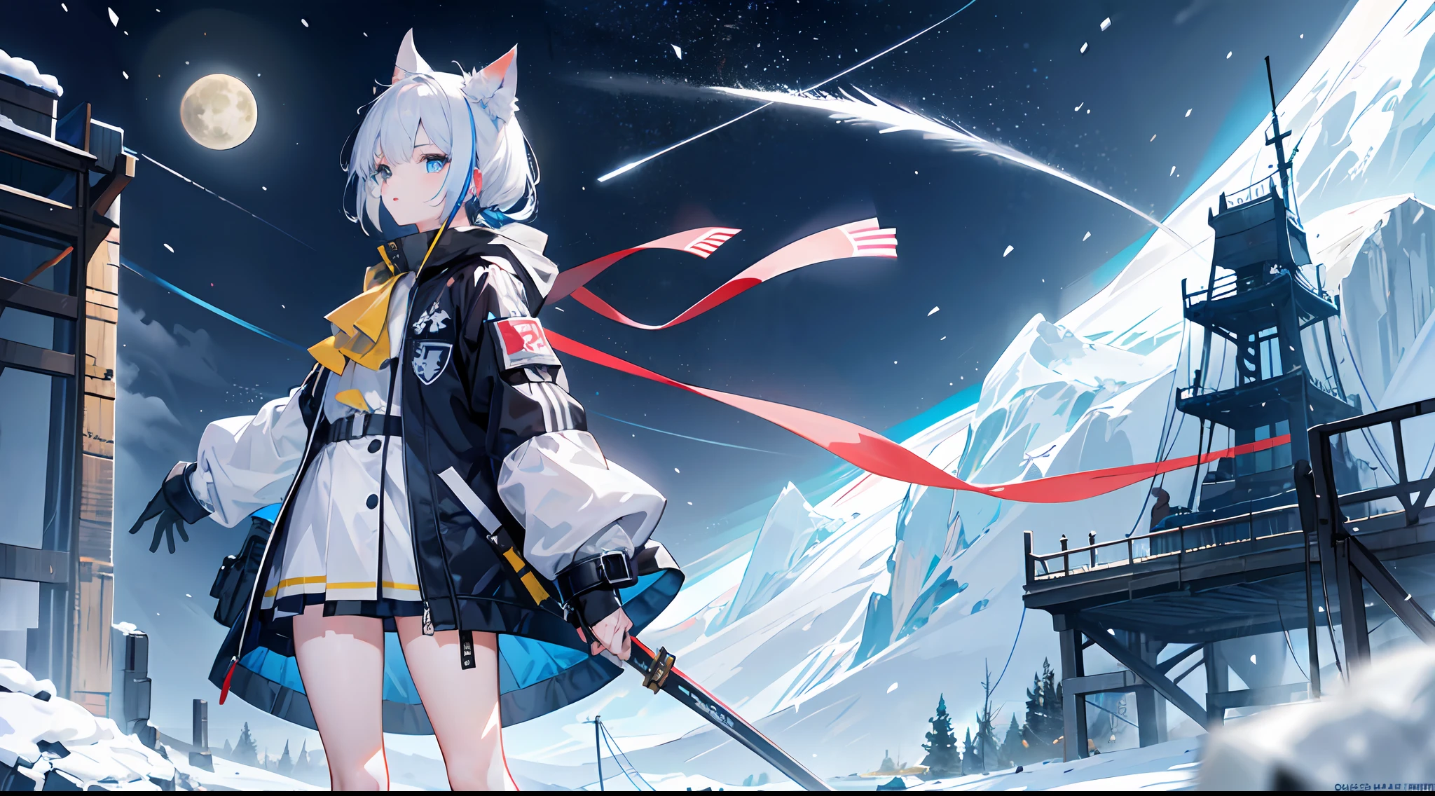((high qulity)), ((tmasterpiece)), 8K, Kizi, bulletproof vest, llight rays, Extremely detailed CG unifies 8K, 8K, Diamond, and wallpaper, GameCG, looking at viewert, mitts, Boots, full bodyesbian, Wrist watch, Computer,Masks,UAVs,handheldweapons,Earphone,jaket,Bao,backpacks,Ark of tomorrow style,Black and white blend trench coat,围巾,with short white hair,Issuing,The sword,yellow armband,Yellow band,Black strap,blue stripe,red color eyes,The sword,Firearms,Straighten your hair with both hands,Detailed hands,detailed back ground,detailed face with,A masterpiece of the Rhode Island Bridge,(best qualtiy:1.2),(super-fine:1.2),illustratio,(Extremely refined and beautiful:1.2),Movie Angle,floatking,(beatiful detailed eyes:1.1),(Detail light:1.1),电影灯光,Exquisite sky,woman,whaite hair,eBlue eyes,(high ponytails:1.1),cloaks,glowing light eyes,(themoon:1.2),(rays of moonlight:1.1),starrysky,(Light particles:1.1),Mist,Snow painting,full bloom,废墟,little bit of raining,,Earphone,White cat ears,Rained,Rain drops,Black hairpin,yellow armband,Blue sea,White tights,white stockings,城市,karo
