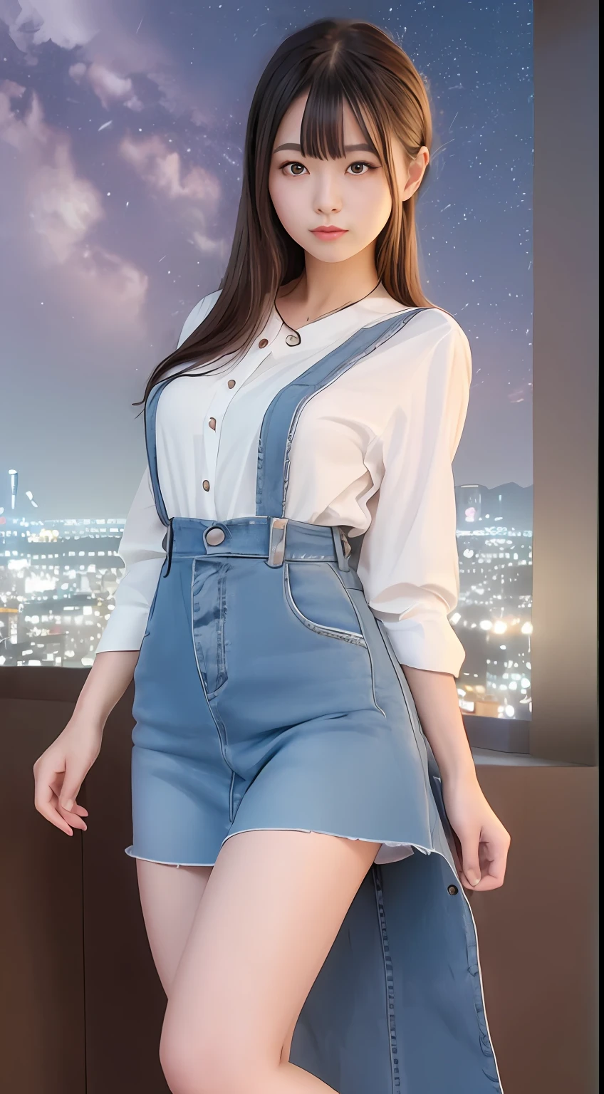 ((mid night、top-quality、8K、masterpiece:1.3)), full body Esbian, long legged, foco nítido:1.2, Beautiful woman with perfect body shape:1.4, Slender Abs:1.1, (Jean Bib, is standing:1.2), ((Night City View、)), Highly detailed facial and skin texture, A detailed eye, 二重まぶた