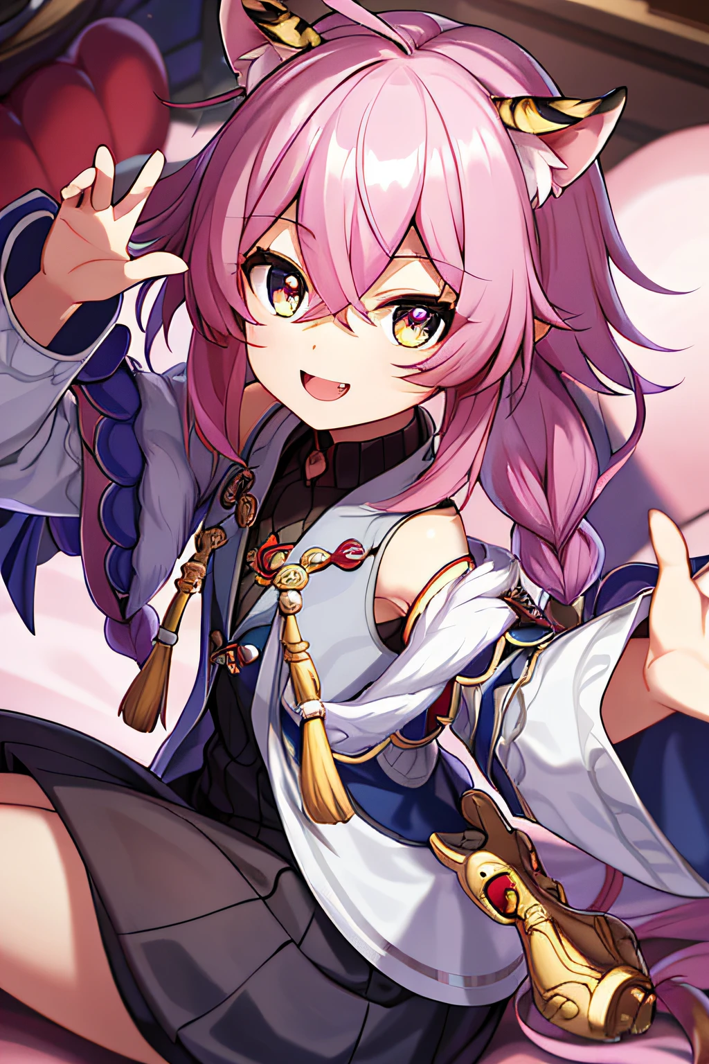 Kizi,tmasterpiece,8k,Half realistic,4k,RTX,Shaders,Excellent texture work,A pink-haired,Scarlet eyes,Vampire-like,Slightly open mouth to show tiger teeth