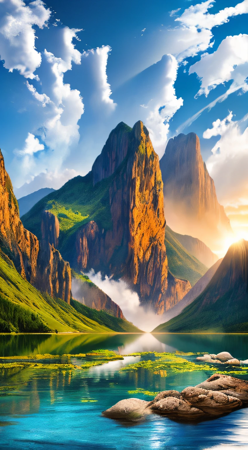 Masterpiece, ultimate quality, Cg unity 8k wallpaper, super delicate, beautiful sky and clouds, rich natural scenery, cliffs, lakes and rivers, waterfalls and flying water, beautiful green mountains, no trace of people, excellent scenery, has already won a photo contest, background Blurring, full depth of field, HDR high dynamics, true restoration, intricate, extreme details, dramatic presentation, perfectly presenting the style of midjourney art.