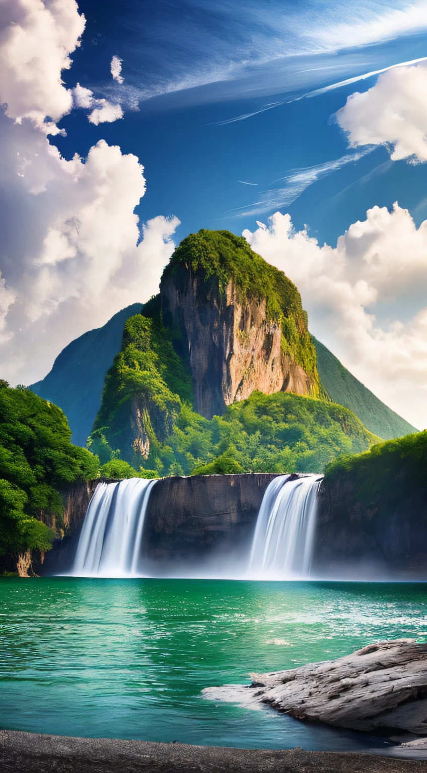 Masterpiece, ultimate quality, Cg unity 8k wallpaper, super delicate, beautiful sky and clouds, rich natural scenery, cliffs, lakes and rivers, waterfalls and flying water, beautiful green mountains, no trace of people, excellent scenery, has already won a photo contest, background Blurring, full depth of field, HDR high dynamics, true restoration, intricate, extreme details, dramatic presentation, perfectly presenting the style of midjourney art.