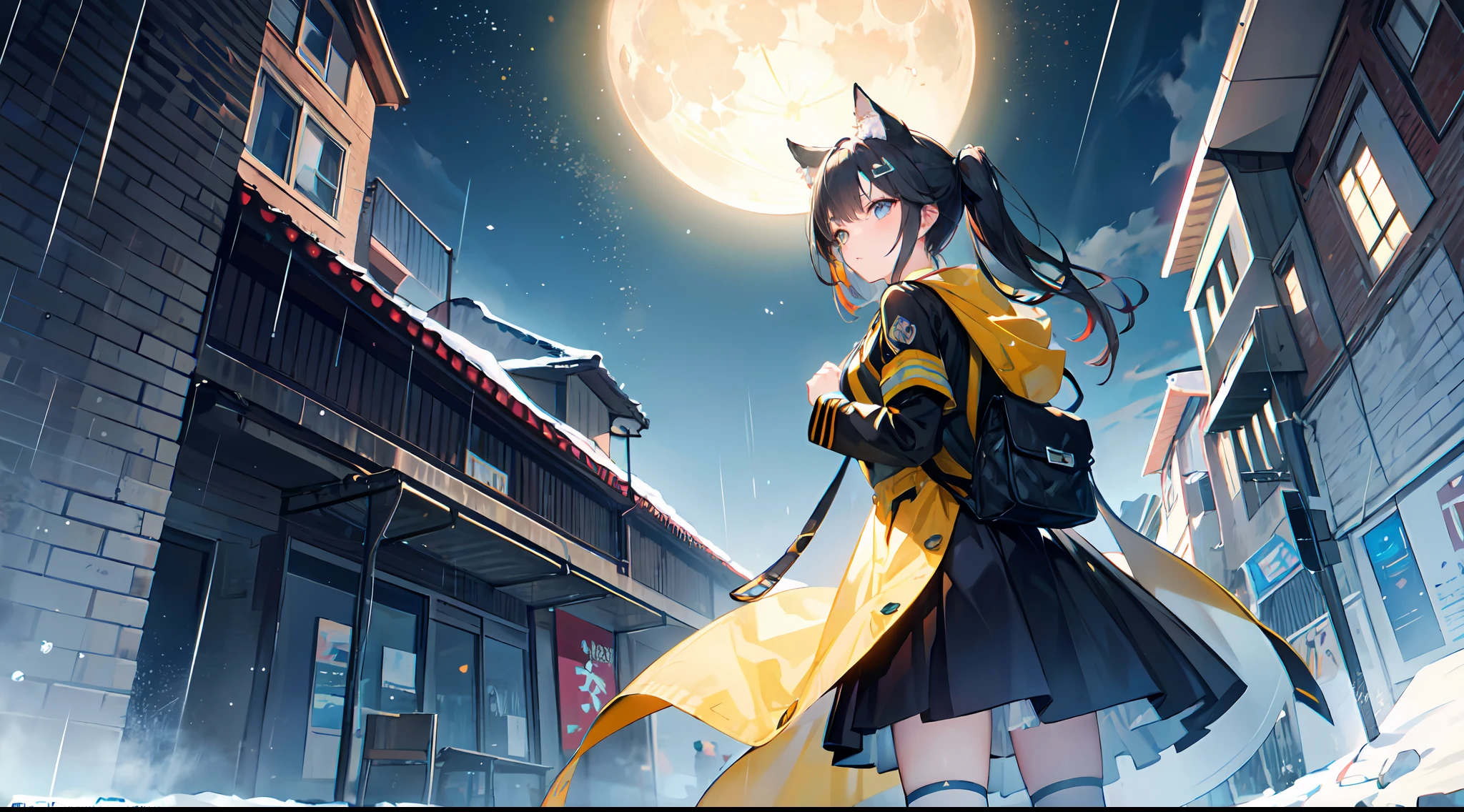((high qulity)), ((tmasterpiece)), 8K, Kizi, bulletproof vest, llight rays, Extremely detailed CG unifies 8K, 8K, Diamond, and wallpaper, GameCG, looking at viewert, mitts, Boots, full bodyesbian, Wrist watch, Computer,Masks，UAVs，handheldweapons，Earphone，jaket，Bao，backpacks，Ark of tomorrow style，Black and white blend trench coat，围巾，with short white hair，Issuing，The sword，yellow armband，Yellow band，Black strap，blue stripe，red color eyes，The sword，Firearms，Straighten your hair with both hands，Detailed hands，detailed back ground，detailed face with，A masterpiece of the Rhode Island Bridge，（best qualtiy：1.2），（super-fine：1.2），illustratio，（Extremely refined and beautiful：1.2），Movie Angle，floatking，（beatiful detailed eyes：1.1），（Detail light：1.1），电影灯光，Exquisite sky，woman，whaite hair，eBlue eyes，（high ponytails：1.1），cloaks，glowing light eyes，（themoon：1.2），（rays of moonlight：1.1），starrysky，（Light particles：1.1），Mist，Snow painting，full bloom，废墟，little bit of raining，，Earphone，White cat ears，Rained，Rain drops，Black hairpin，yellow armband，Blue sea，White tights，white stockings，城市，karo
