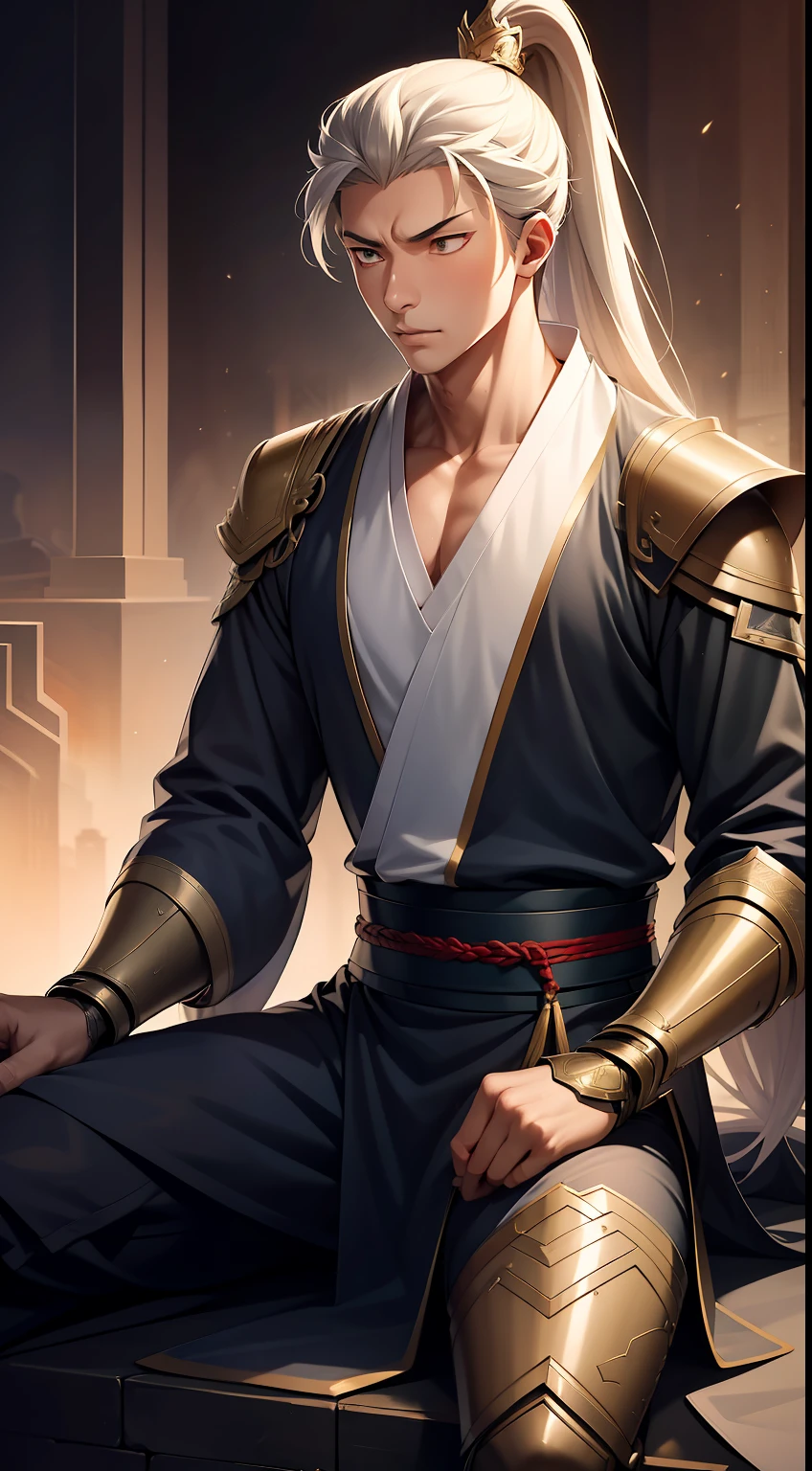 quadratic element，style of anime，mtu（Male Warrior），sit astride，The proportions are correct，Face details，swordsmen，High ponytail hairstyle，Neck details，There is an Adam's apple，white hanfu，kaftan，clothes details，Handing over，longer sleeves，Game quality，Swordsmanship，Light and shadow tracking，Ray traching，detailed glow，cg render，hair detail，long  white hair，gold eyes，Handsome，Handsome，（juvenile sense），Clothing is complicated，Perfectcomposition，Refinement，high qulity，higher details，Lots of details，The background is complex，a sense of atmosphere，
