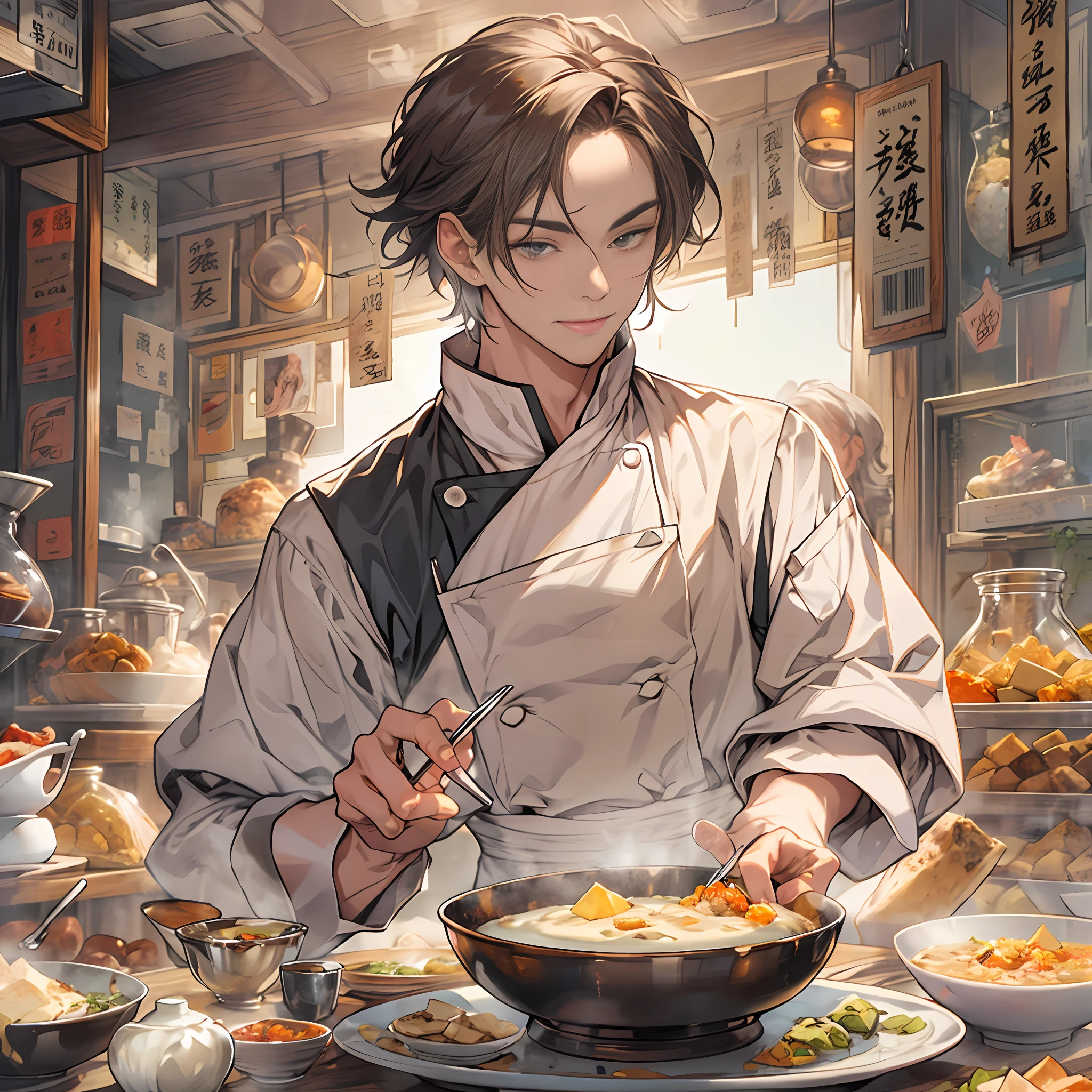 Young handsome male chef with a bowl of delicious tofu pudding, In front of him was a banknote worth 666 yuan. Tofu pudding was fresh, tender, And tempting, Served with smooth white tofu and rich flavored ingredients,Visually appealing and delicious.,in the style of the stars art group xing xing, 32K, Best quality, Masterpiece, Super detail, High details