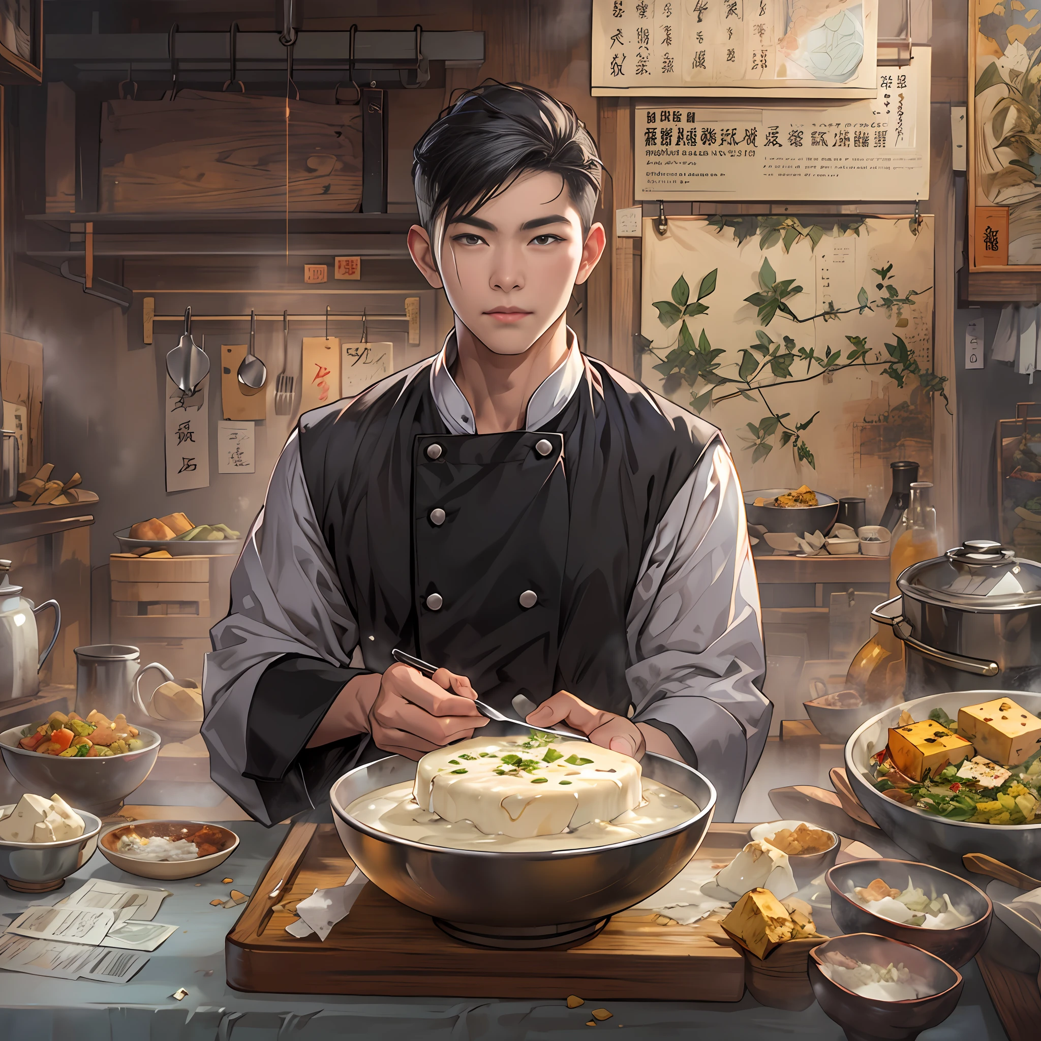 Young handsome male chef with a bowl of delicious tofu pudding, In front of him was a banknote worth 666 yuan. Tofu pudding was fresh, tender, And tempting, Served with smooth white tofu and rich flavored ingredients，Visually appealing and delicious.,in the style of the stars art group xing xing, 32K, Best quality, Masterpiece, Super detail, High details