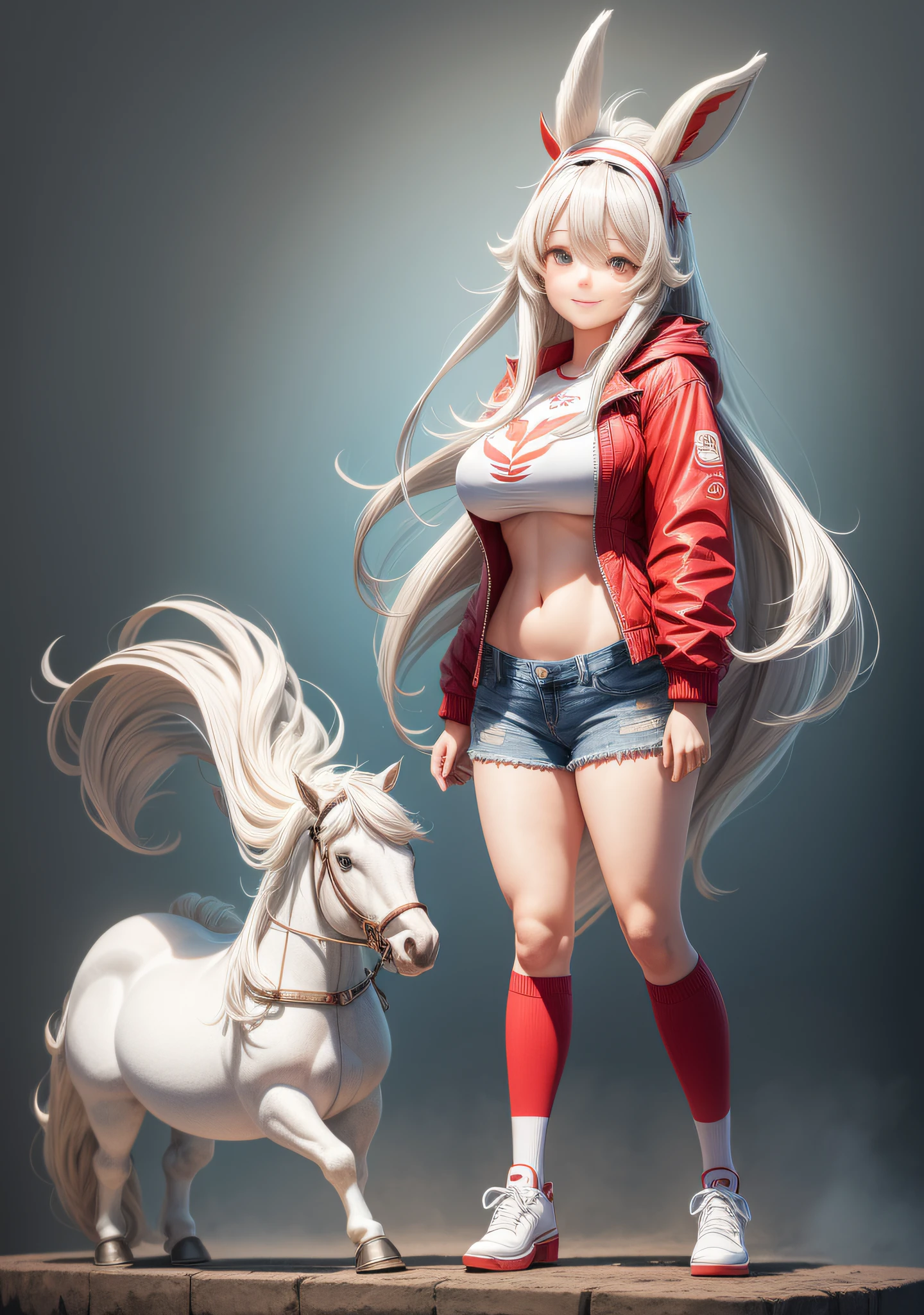 (White gradient background:1.6),(in a panoramic view:1.2,full bodyesbian:1.2),1个Giant Breast Girl,anatomy correct,There is a horse next to it,(denim short,red legwear,small vest,Red coat,Red shoes),smallunderboob,Horse-shaped headdress,long whitr hair,ssmile,(Horse-shaped patterns are printed on clothes and socks:1.6),perfectly proportions,extremelydetailedface,(Best quality at best,high detal,tmasterpiece,offcial art,movie light effect,4K)