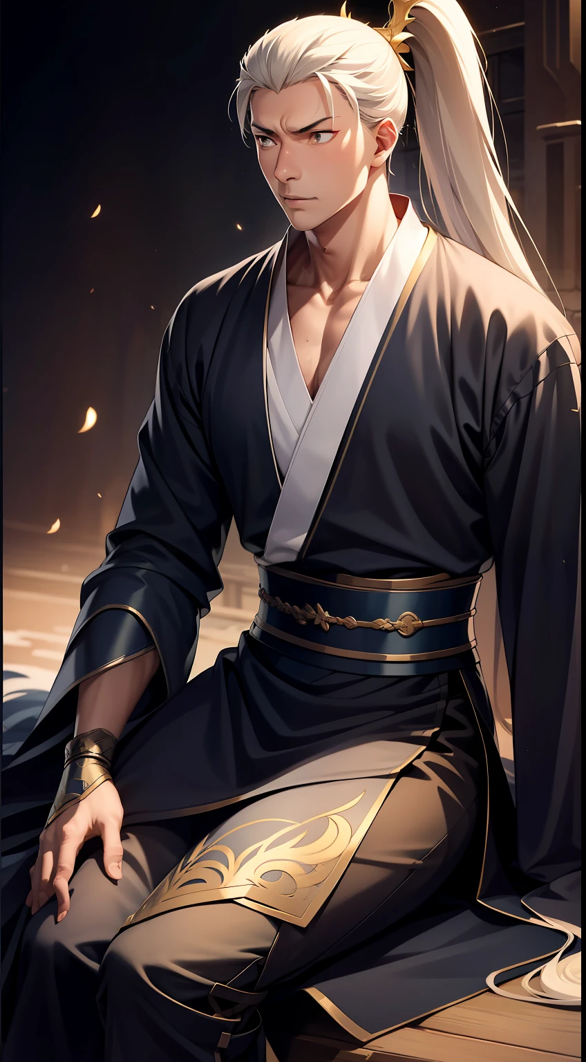 quadratic element，style of anime，mtu（Male Warrior），sit astride，The proportions are correct，Face details，swordsmen，High ponytail hairstyle，Neck details，There is an Adam's apple，white hanfu，kaftan，clothes details，Handing over，longer sleeves，Game quality，Swordsmanship，Light and shadow tracking，Ray traching，detailed glow，cg render，hair detail，long  white hair，gold eyes，Handsome，Handsome，（juvenile sense），Clothing is complicated，Perfectcomposition，Refinement，high qulity，higher details，Lots of details，The background is complex，a sense of atmosphere，