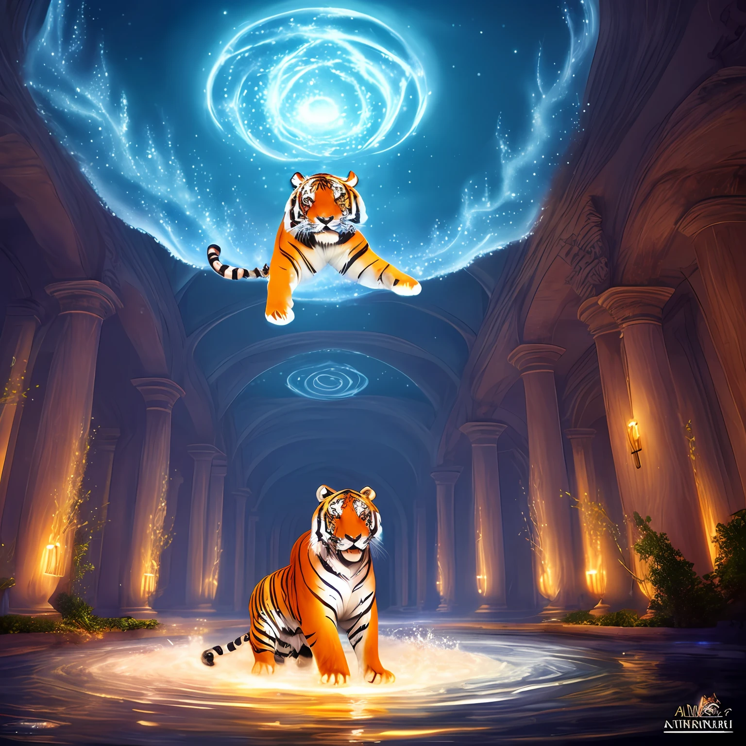 "An ethereal and charming Tiger, Made of water vapor with a magical glow, in a fairytale setting." --auto