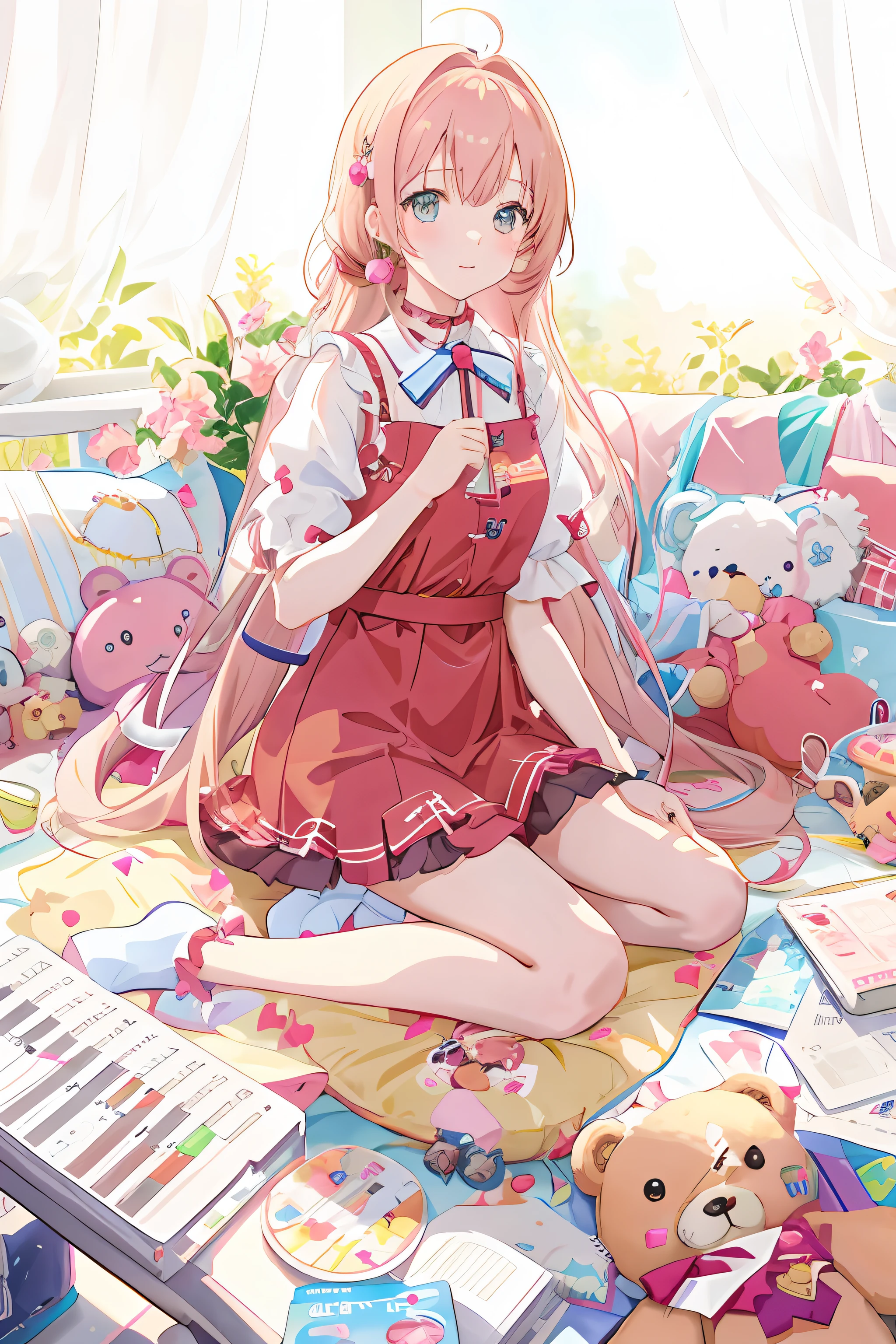 Anime girl sitting on sofa，There is a keyboard and teddy bear, (Anime girl), Cute anime girl, loli in dress, Anime girl, Soft anime illustration, saori, Beautiful anime girl, Pisif, nightcore, anime visual of a cute girl, author：Love light, Loli, lofi-girl, pretty anime girl, Cute anime