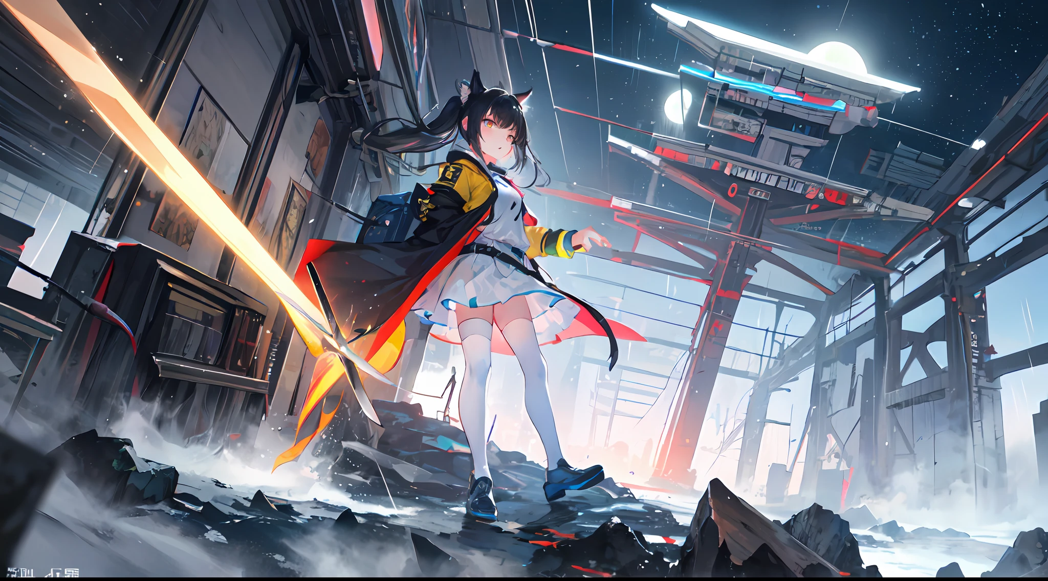 ((high qulity)), ((tmasterpiece)), 8K, Kizi, bulletproof vest, llight rays, Extremely detailed CG unifies 8K, 8K, Diamond, and wallpaper, GameCG, looking at viewert, mitts, Boots, full bodyesbian, Wrist watch, Computer,Masks,UAVs,handheldweapons,Earphone,jaket,Bao,backpacks,Ark of tomorrow style,Black and white blend trench coat,围巾,with short white hair,Issuing,The sword,yellow armband,Yellow band,Black strap,blue stripe,red color eyes,The sword,Firearms,Straighten your hair with both hands,Detailed hands,detailed back ground,detailed face with,A masterpiece of the Rhode Island Bridge,(best qualtiy:1.2),(super-fine:1.2),illustratio,(Extremely refined and beautiful:1.2),Movie Angle,floatking,(beatiful detailed eyes:1.1),(Detail light:1.1),电影灯光,Exquisite sky,woman,whaite hair,eBlue eyes,(high ponytails:1.1),cloaks,glowing light eyes,(themoon:1.2),(rays of moonlight:1.1),starrysky,(Light particles:1.1),Mist,Snow painting,full bloom,废墟,little bit of raining,,Earphone,White cat ears,Rained,Rain drops,Black hairpin,yellow armband,Blue sea,White tights,white stockings,城市,karo