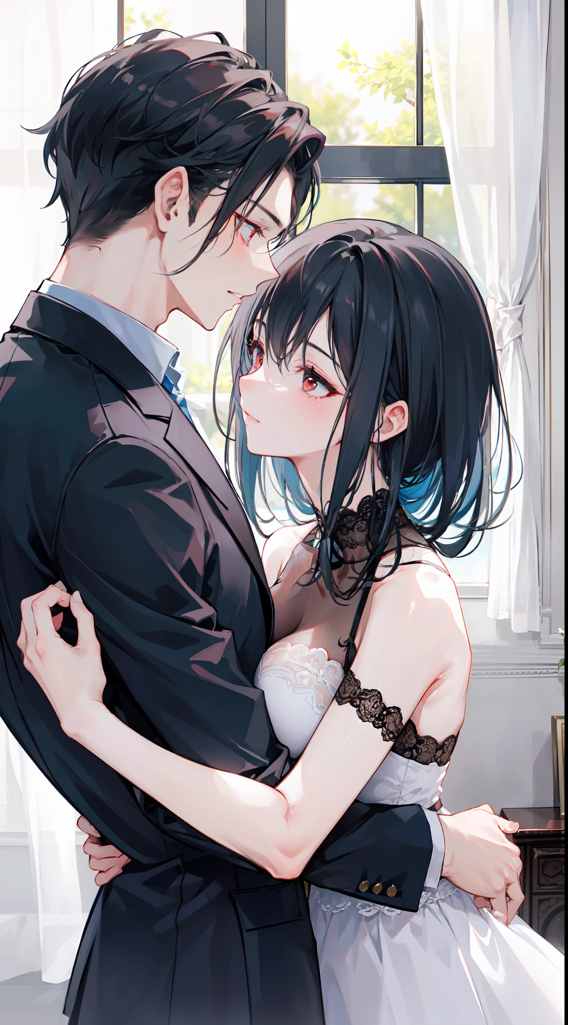 "4k romantic fantasy scene: mature couple embracing tenderly. The man with black hair and blue eyes, and the woman with elegantly tied black hair and mesmerizing red eyes."