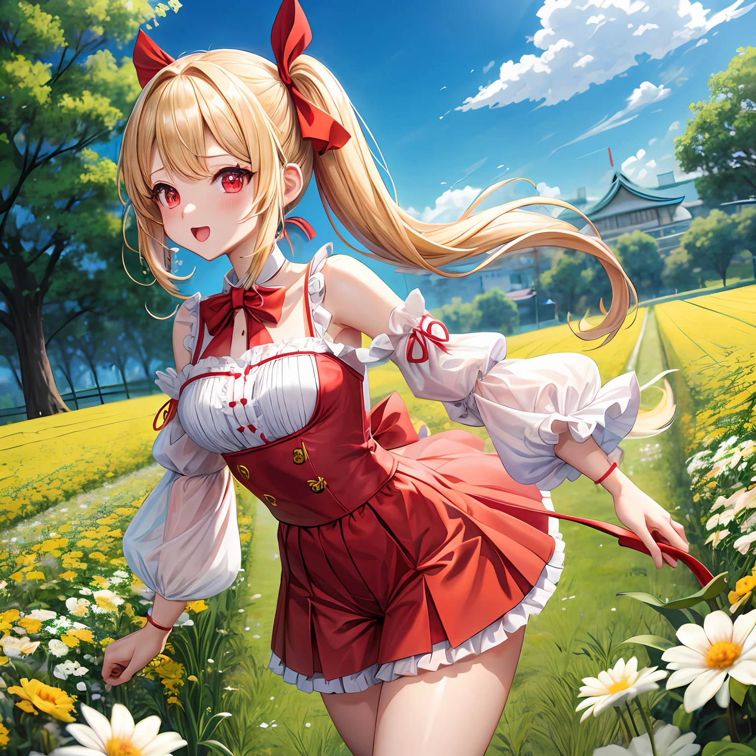 a blond、poneyTail、bow ribbon、red eyes、One pretty girl、独奏、animesque、off shoulders、shortpants、flower field