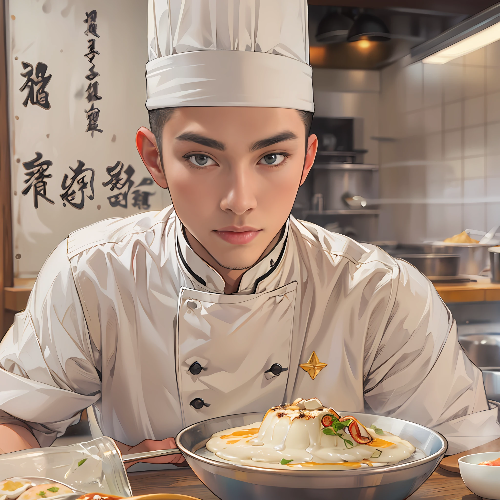 Young handsome male chef with a bowl of delicious tofu pudding, In front of him was a banknote worth 666 yuan. Tofu pudding was fresh, tender, And tempting, Served with smooth white tofu and rich flavored ingredients，Visually appealing and delicious,in the style of the stars art group xing xing, 32K, Best quality, Masterpiece, Super detail, High details
