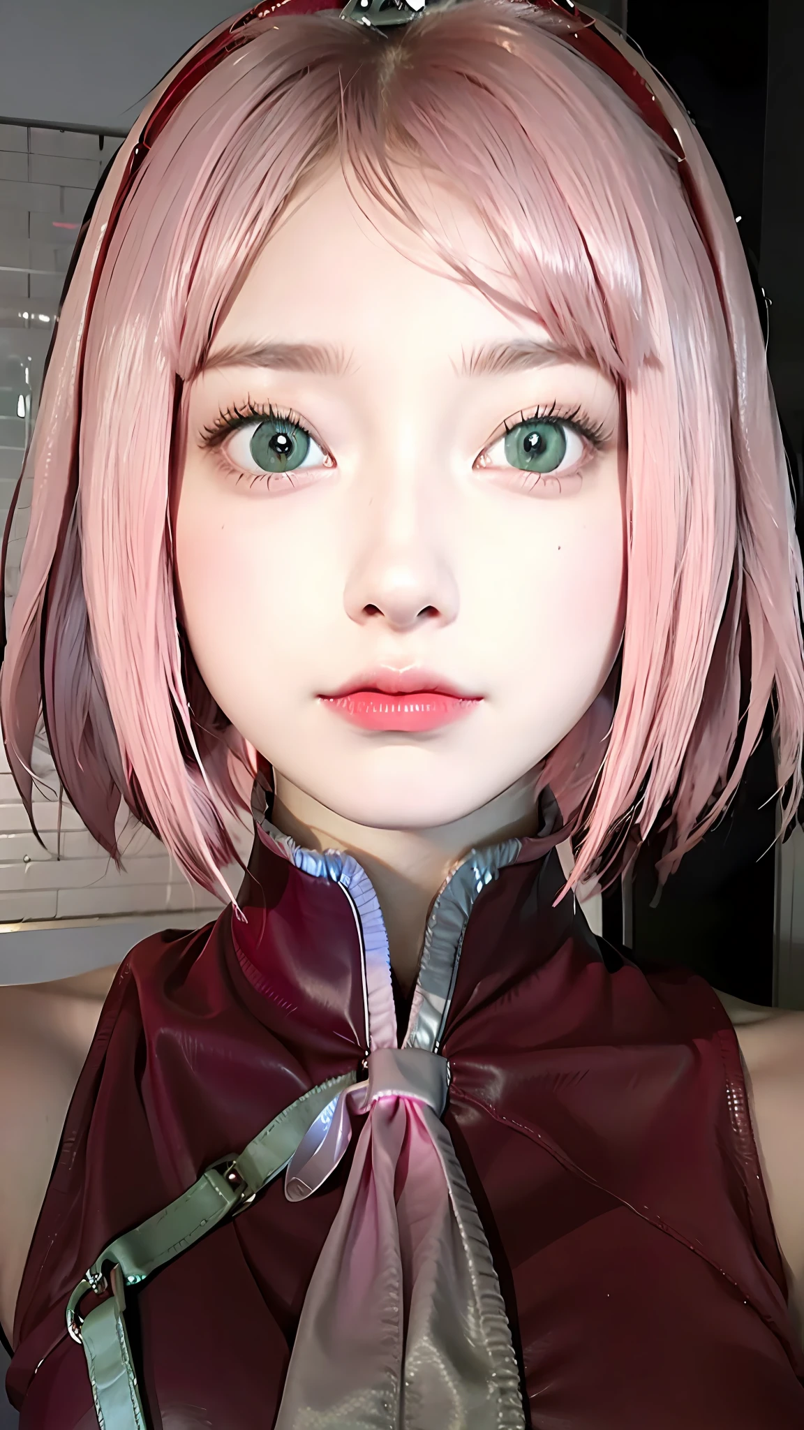 1girl, haruno sakura, pink hair, green eyes, short hair, red clothes, big breasts, realistic, ultra detail, indoor background