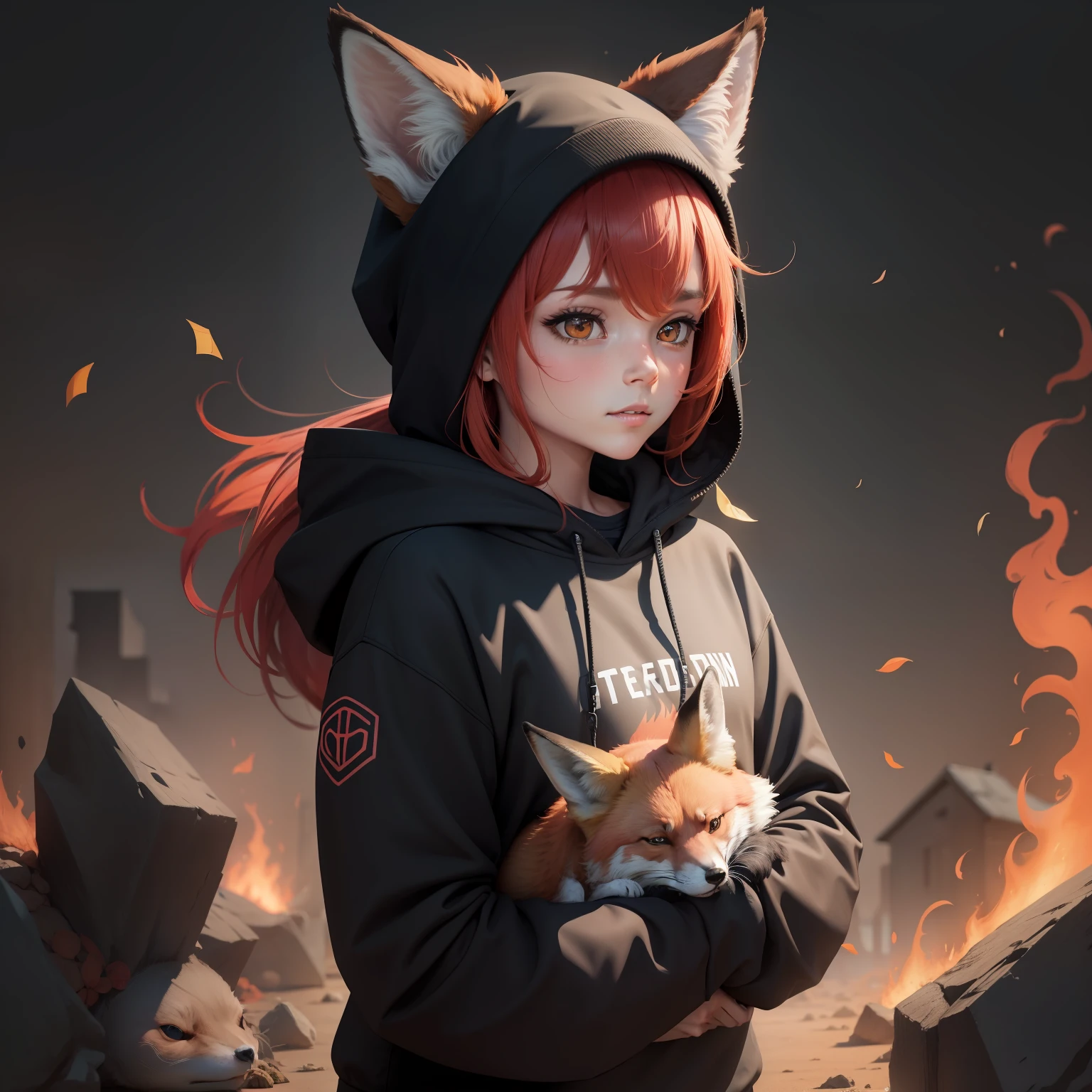 frontage,red fox,personification,quadratic element,A turtle,Black sweatshirt,solo person,ember,