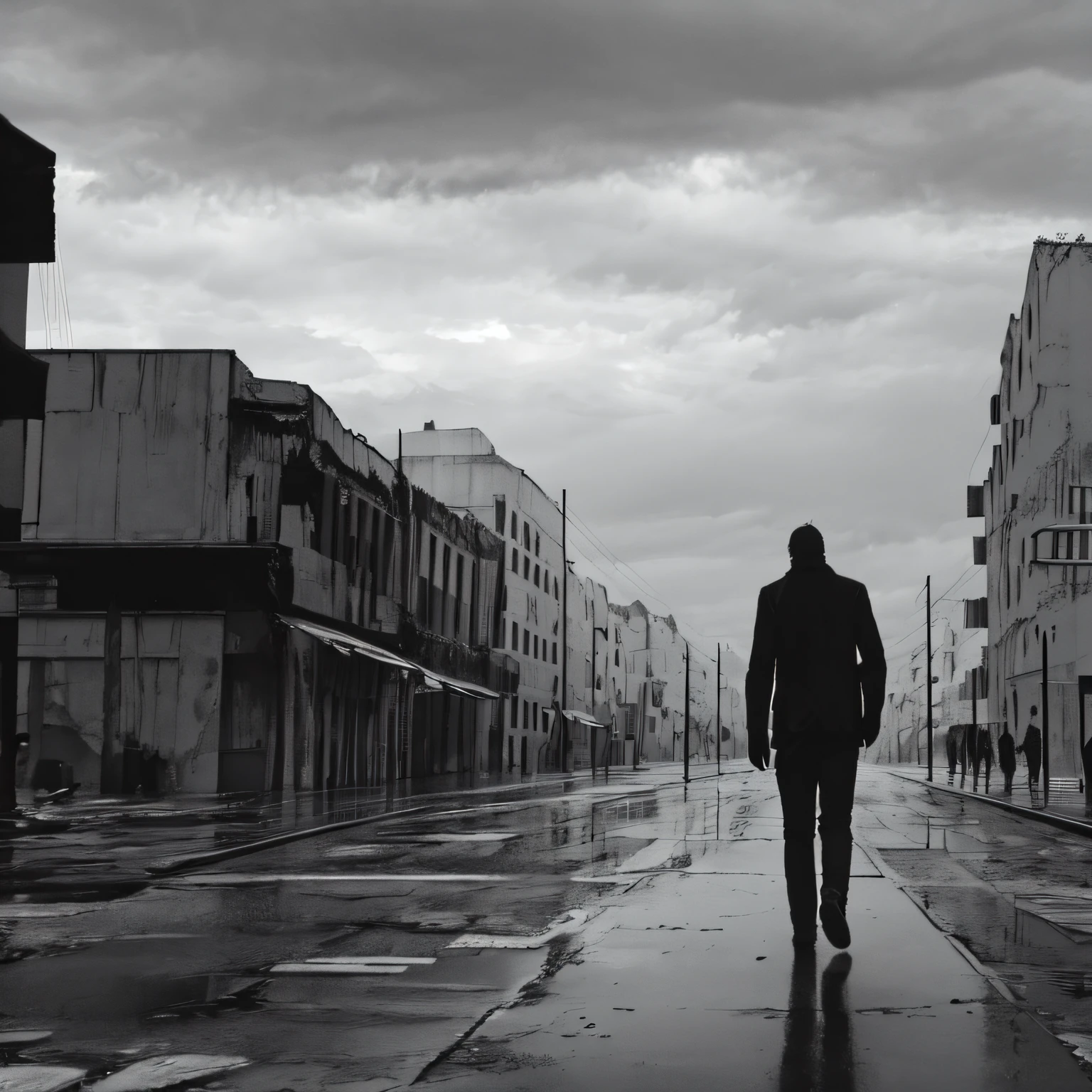 Make a grayscale image of a sad man walking in the rain in an abandoned and destroyed city with many rain clouds in the sky