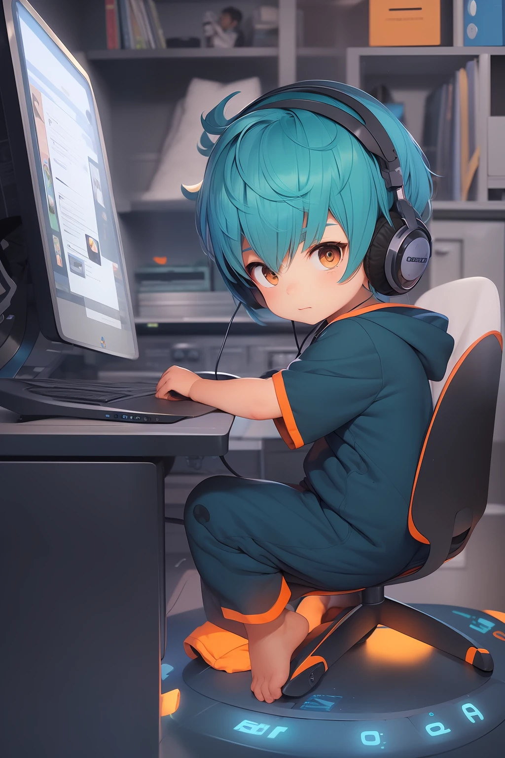 Cute ********** with royal blue hair and orange eyes sitting at his desk playing video games wearing a pajama onesie, gaming, wearing headphones and looking back, night, dark room, child, shota, young, bright monitor, barefoot, feet visible, cute feet, lights off