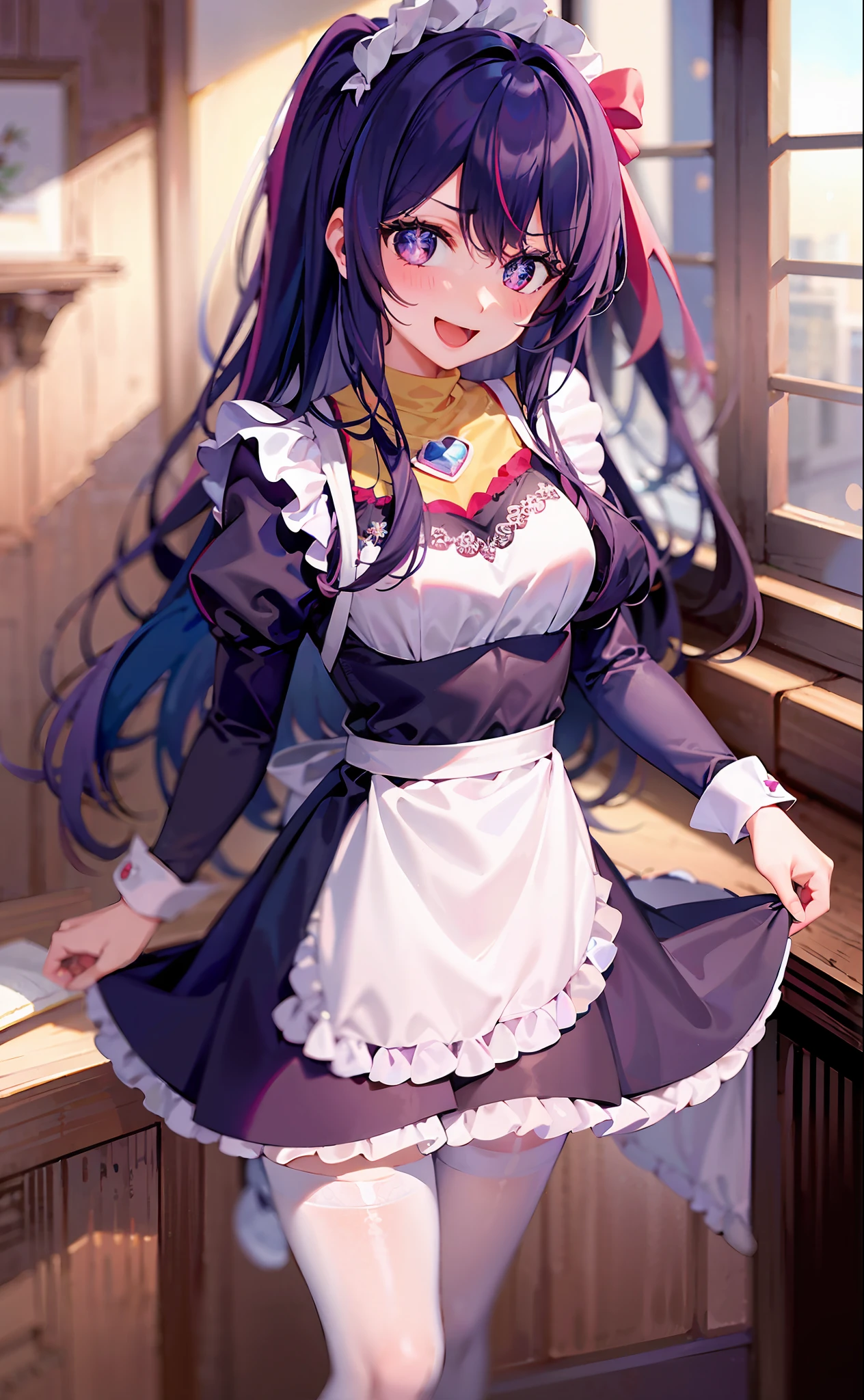 one-girl((There is a five-pointed star in the eye))A girl with long purple hair,(((Blushlush)))the maid outfit,white stockings,Smile,Open mouth,