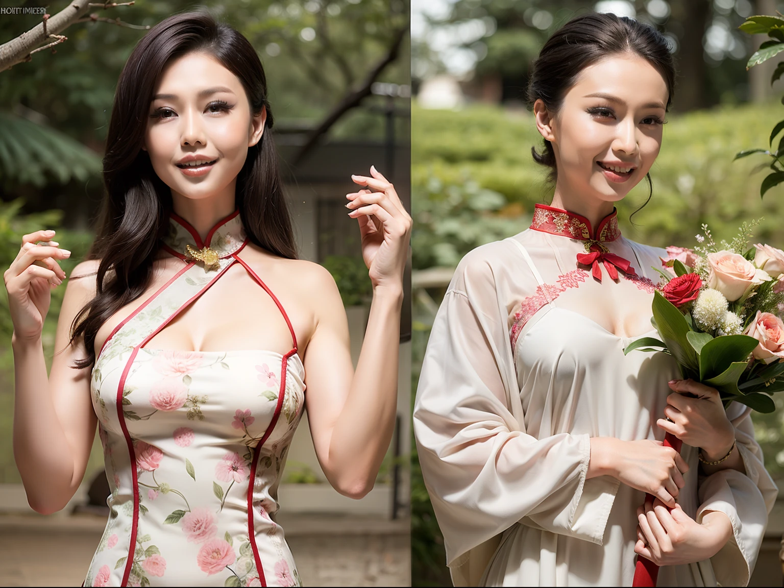 Fashion model 20 years old [[[[closeup cleavage]]]], [[[[boobgasm]]]], [[[[coll]]]], [[[[bshoulders]]]], perfect  eyes, Perfect iris，Perfect lips，perfect teeth，Perfect skin，Long face，slender nose，tall nose bridge，Soft front light，hdr，Movie girl，Pink cheongsam，Red cheongsam，White cheongsam，long whitr hair，Long hair with a shawl，Long hair like a waterfall，Green trees and flowers in the background，（pastel colour：1.2）