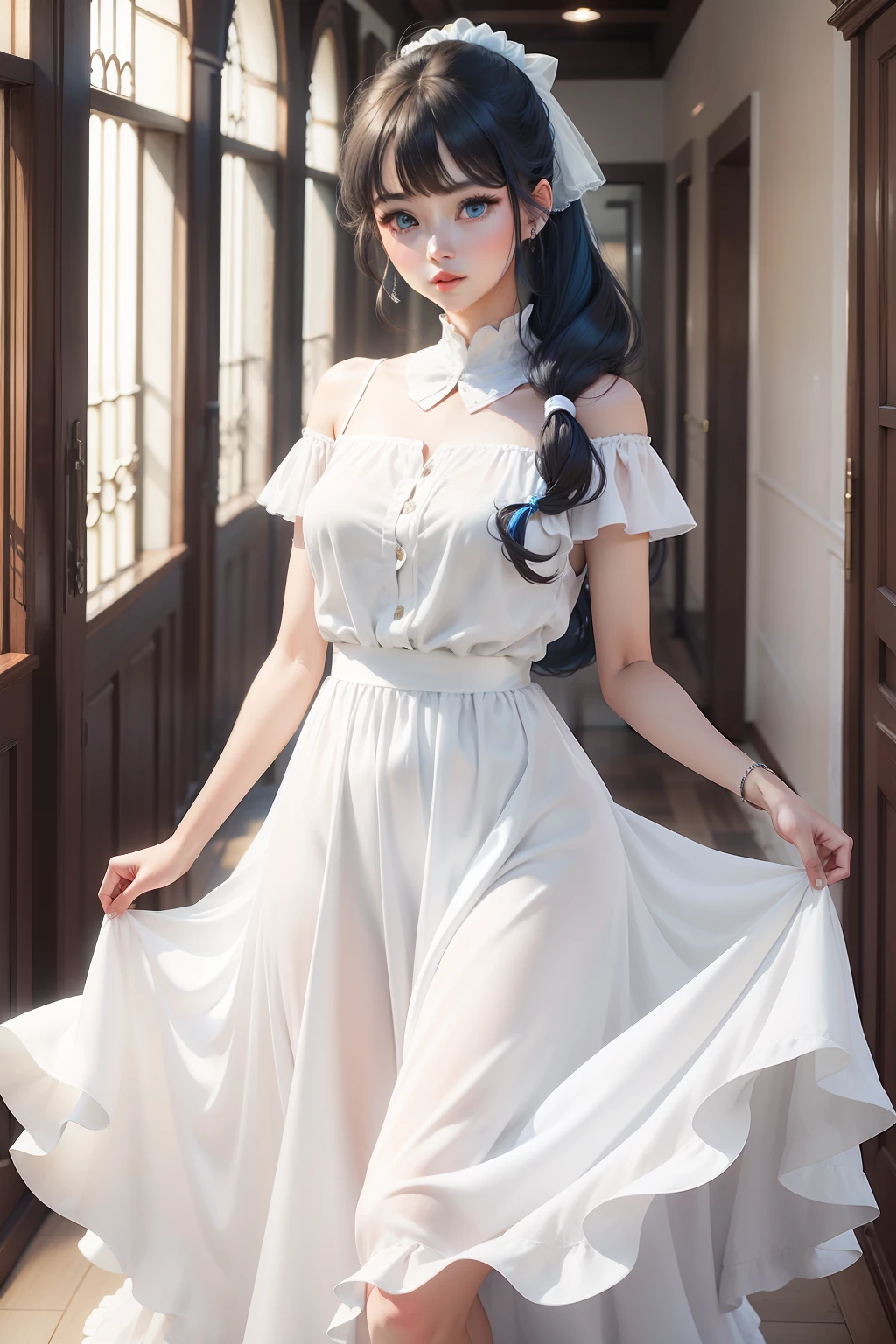 White chiffon dress,long skirt,whaite hair,High ponytail,blue color eyes