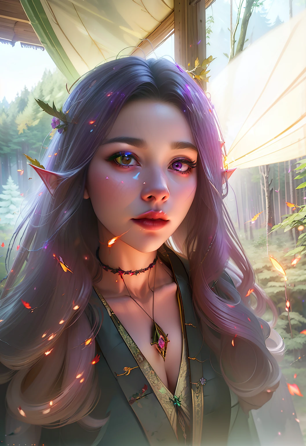 tmasterpiece, (beste-Qualit), (the best illustration), (better shadow), An elf with purple hair. Mysterious forest, Beautiful forest, Nature, surrounded by flowers, tender leaves and branches, surrounded by fireflies (Natural elements), (leaves), (Branch), (Fireflies), (particle fx) and other 3D, Octane rendering, ray traced, Super detailed