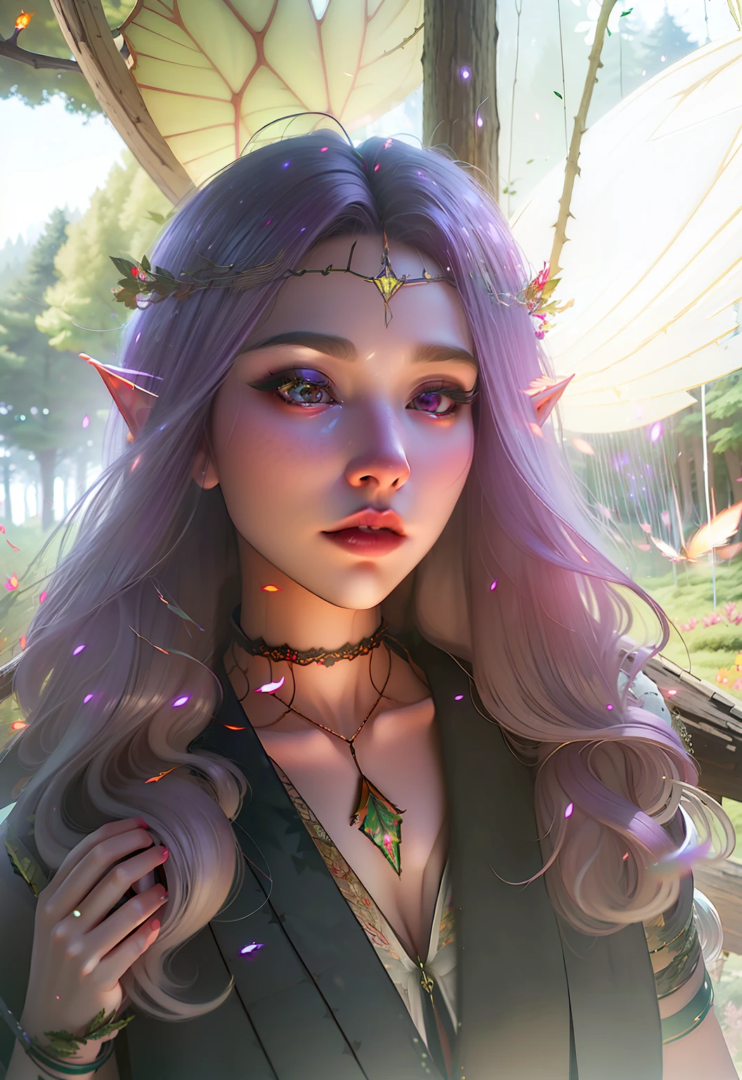 tmasterpiece, (beste-Qualit), (the best illustration), (better shadow), An elf with purple hair. Mysterious forest, Beautiful forest, Nature, surrounded by flowers, tender leaves and branches, surrounded by fireflies (Natural elements), (leaves), (Branch), (Fireflies), (particle fx) and other 3D, Octane rendering, ray traced, Super detailed