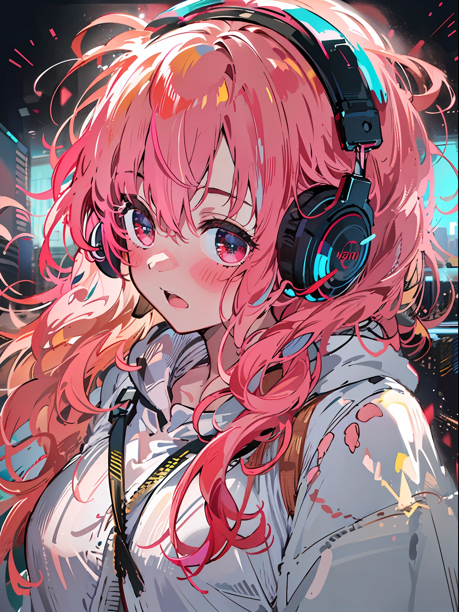 8K分辨率、((top-quality))、((masterpiece))、((ultra-detailliert))、1 woman、独奏、incredibly absurdness、Oversized hoodies、headphones、Street、plein air、Rain at night、neons、Shortcut Hair、Brightly colored eyes、Hands in pockets、shortpants、water dripping、red hairs、Bob Hair