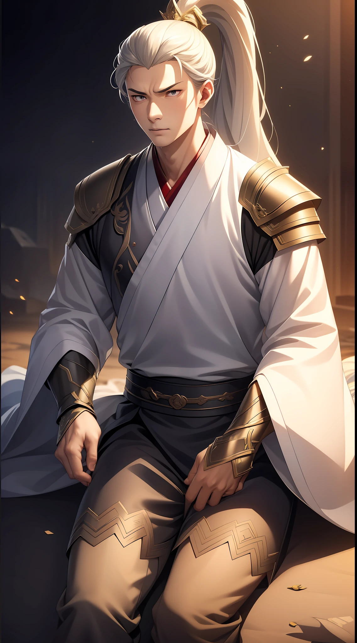 quadratic element，style of anime，mtu（Male Warrior），sit astride，The proportions are correct，Face details，swordsmen，High ponytail hairstyle，Neck details，There is an Adam's apple，White Hanfu，kaftan，clothes details，Handing over，longer sleeves，Game quality，Swordsmanship，Light and shadow tracking，Ray traching，detailed glow，cg render，hair detail，long  white hair，Gold eyes，Handsome，Handsome，（juvenile sense），Clothing is complicated，Perfectcomposition，Refinement，high qulity，higher details，Lots of details，The background is complex，a sense of atmosphere，