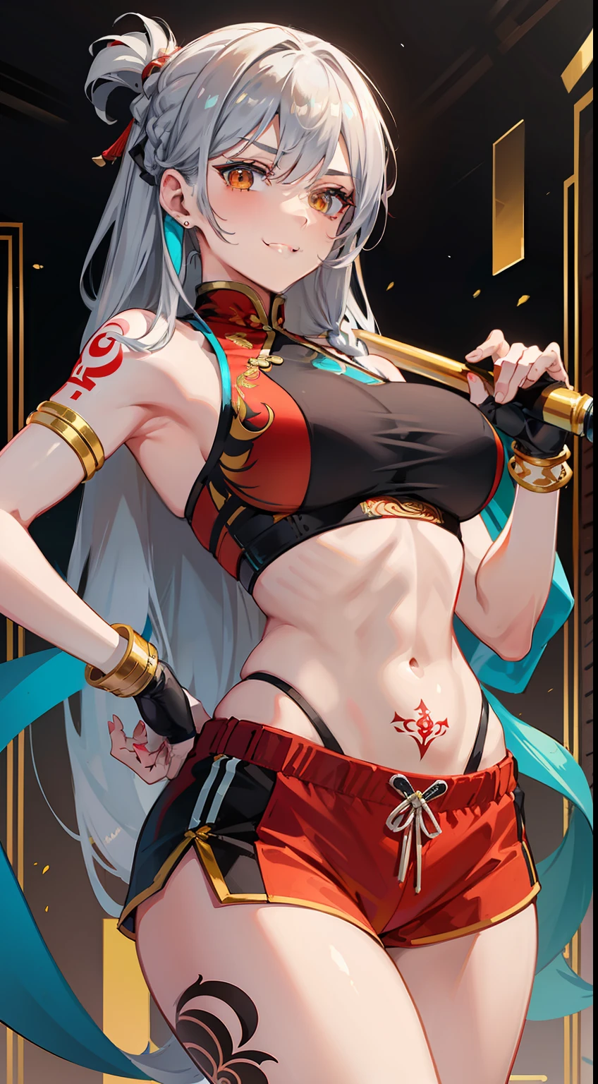 Adult woman, Gray hair in a long braid, golden eyes, sporty figure, Chinese turquoise top, Red Shorts, Tonfa, Tatoo, smirk, Masterpiece, hiquality
