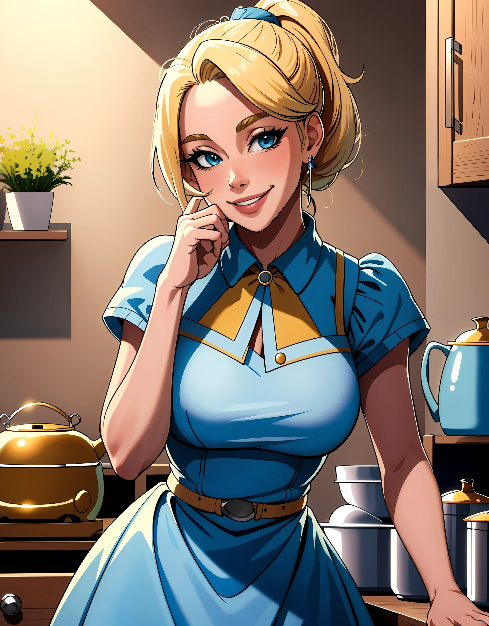 (masterpiece, best quality:1.2), cowboy shot, solo, 1girl, piper, smile, looking at viewer, (hand on own cheek:1.2), blonde hair, ponytail, blue dress, puffy short sleeves, fingerless gloves, kitchen