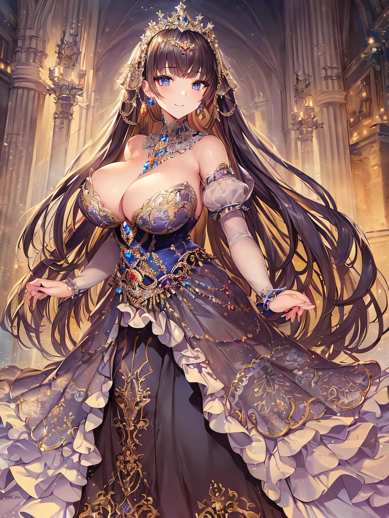 ((anime artstyle)),(Masterpiece),(Best Quality), (Super Detail),((Very Delicate and Beautiful)),((Solo)),((full body)),(((1 noble princess in jeweled extremely gorgeous ballgown with voluminous skirt))),(Gorgeous jewelry ornaments),detailed face and eyes,jewel-like eyes,(seductive smile),((extremely voluminous Very Long Hair,Straight Hair)),((extremely gigantic tits,Long tits)),curvy,skindentation,(gorgeousfull embroidery and lace),gorgeous corsage,See-through,extremely gorgeousfull hair ornament,extremely gorgeousfull glitter jeweled tiara,ornate ruffles,((full body)),((hoop skirt,crinoline)),Dynamic Angle,Looking at viewer,(((extremely gorgeous ballgown with voluminous skirt)),full body