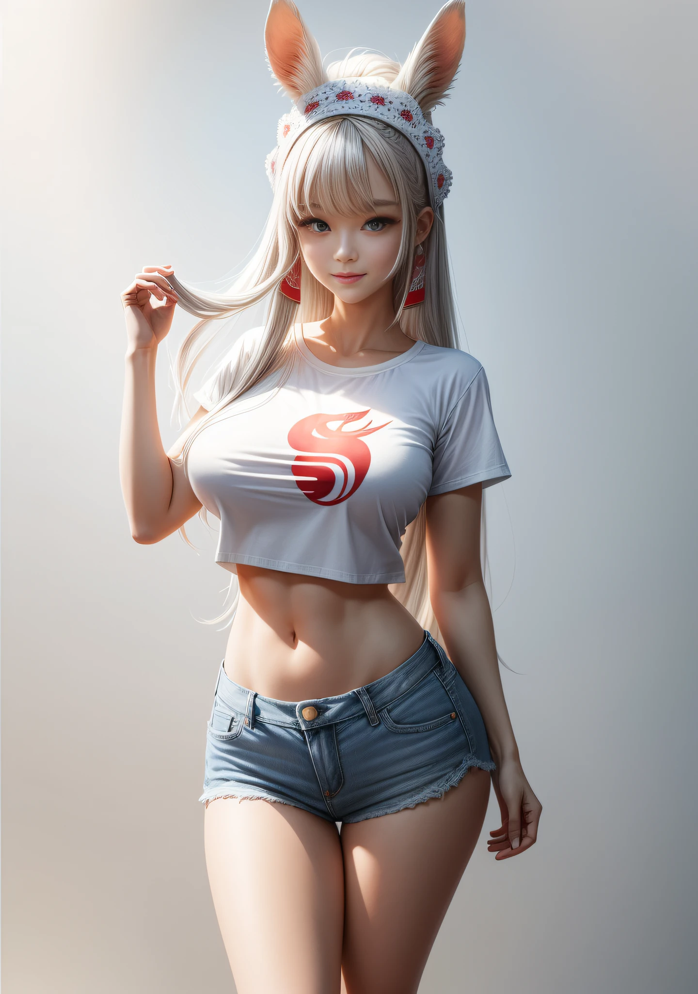 White gradient background,(in a panoramic view:1.2,full bodyesbian:1.2),1个Giant Breast Girl,anatomy correct,(denim short,Long red loose T-shirt:1.6),(smallunderboob:1.4),Horse-shaped headdress,long whitr hair,ssmile,(The clothes are printed with a pattern in the shape of a horse:1.6),White shoes,perfectly proportions,extremelydetailedface,(Best quality at best,high detal,tmasterpiece,offcial art,movie light effect,4K)